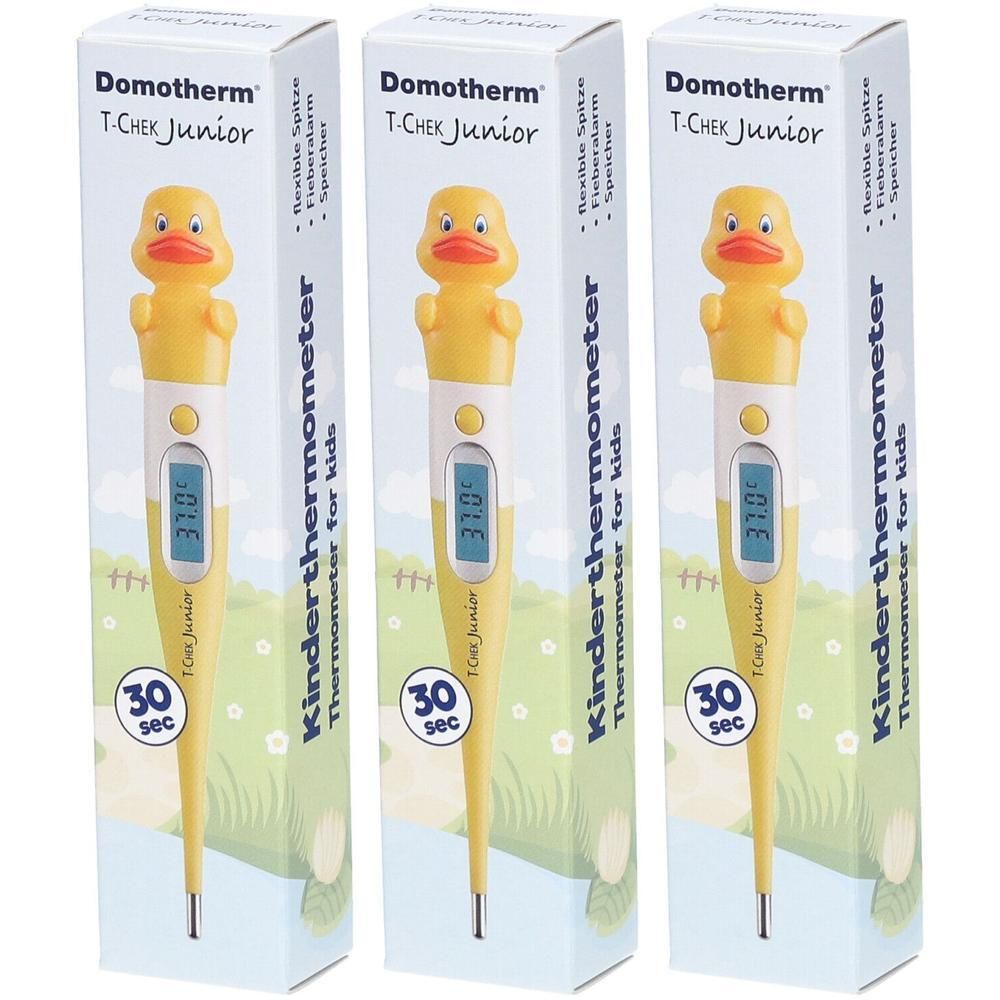 Gelbes Fieberthermometer in Entenform für Kinder mit digitaler Anzeige und 30-Sekunden-Messung.