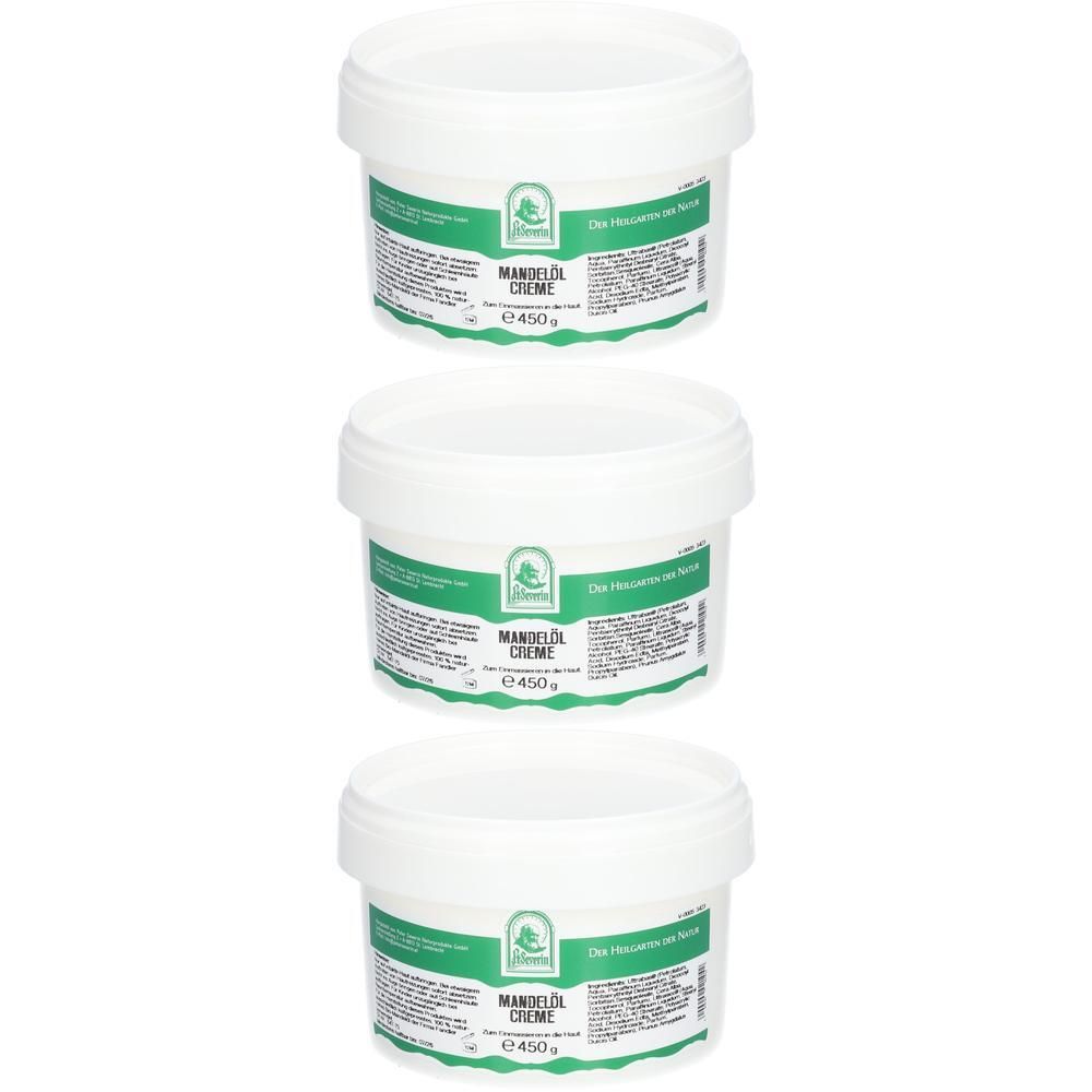 Drei weiße Tiegel mit Mandelöl Creme, jeweils 450g.