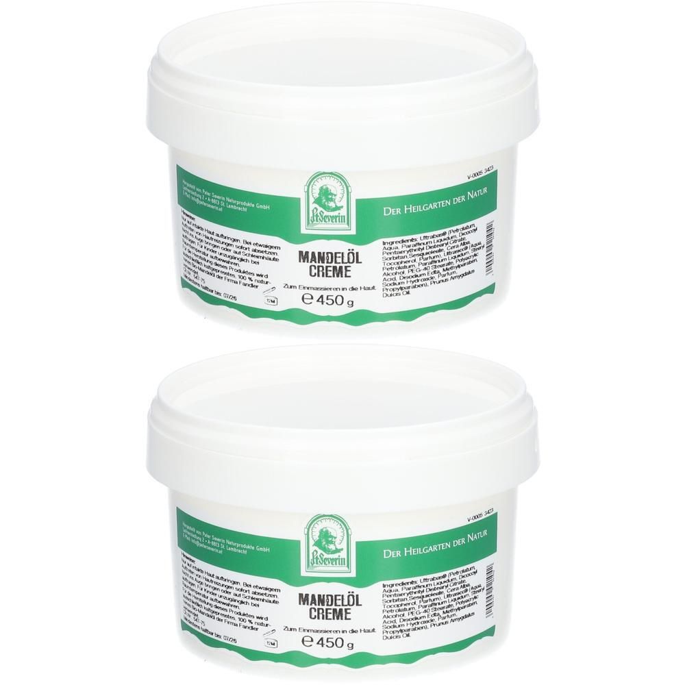 Zwei weiße Tiegel mit Mandelöl Creme, jeweils 450g.