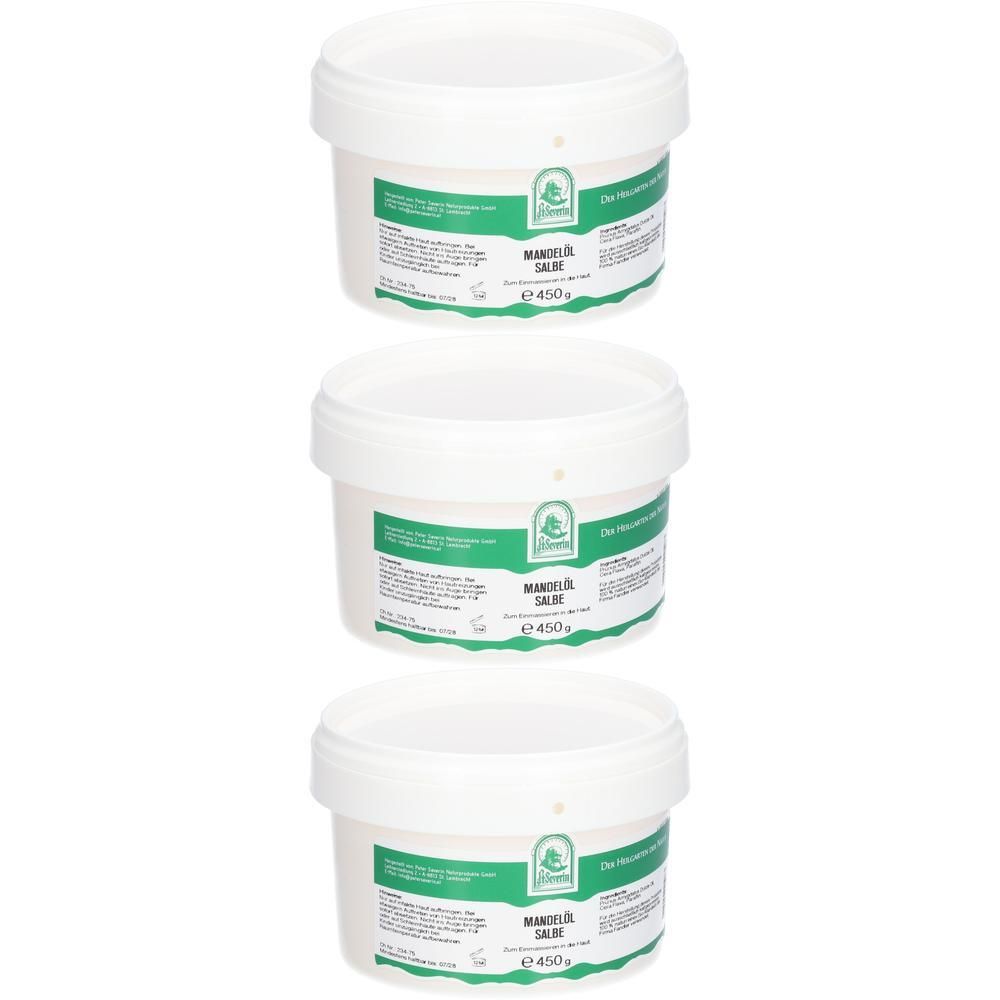 Drei weiße Tiegel mit Mandelöl Salbe, jeweils 450g.
