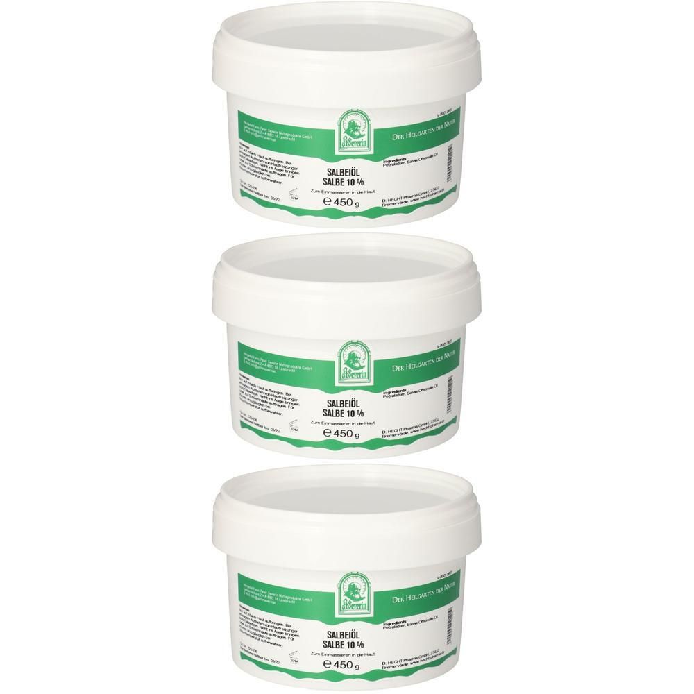 Drei weiße Tiegel mit Salbeiöl Salbe 10% Etiketten, jeweils 450g.