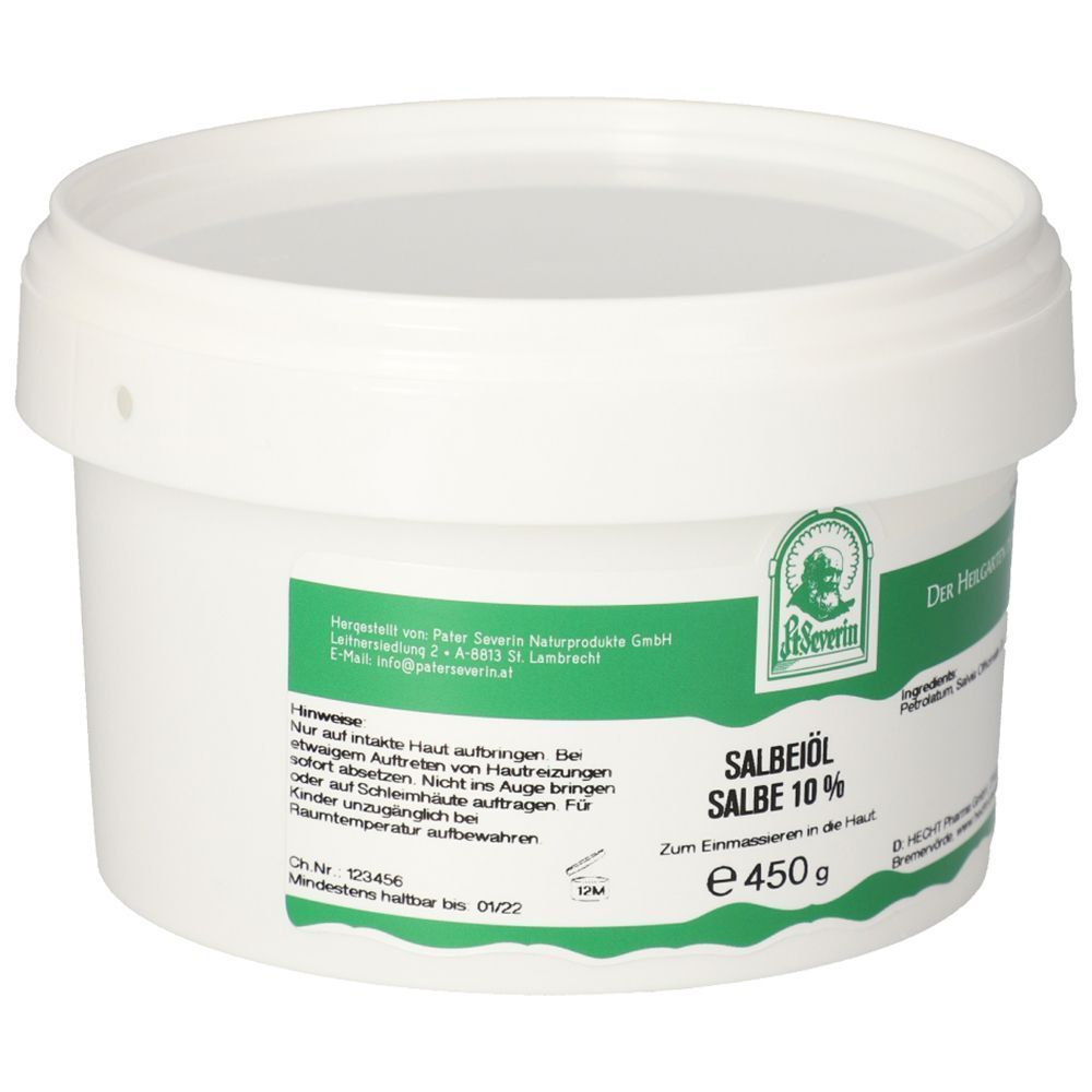 Weißer Tiegel mit Salbeiöl Salbe 10% Etikett, 450g. Enthält Salvia Officinalis Öl.