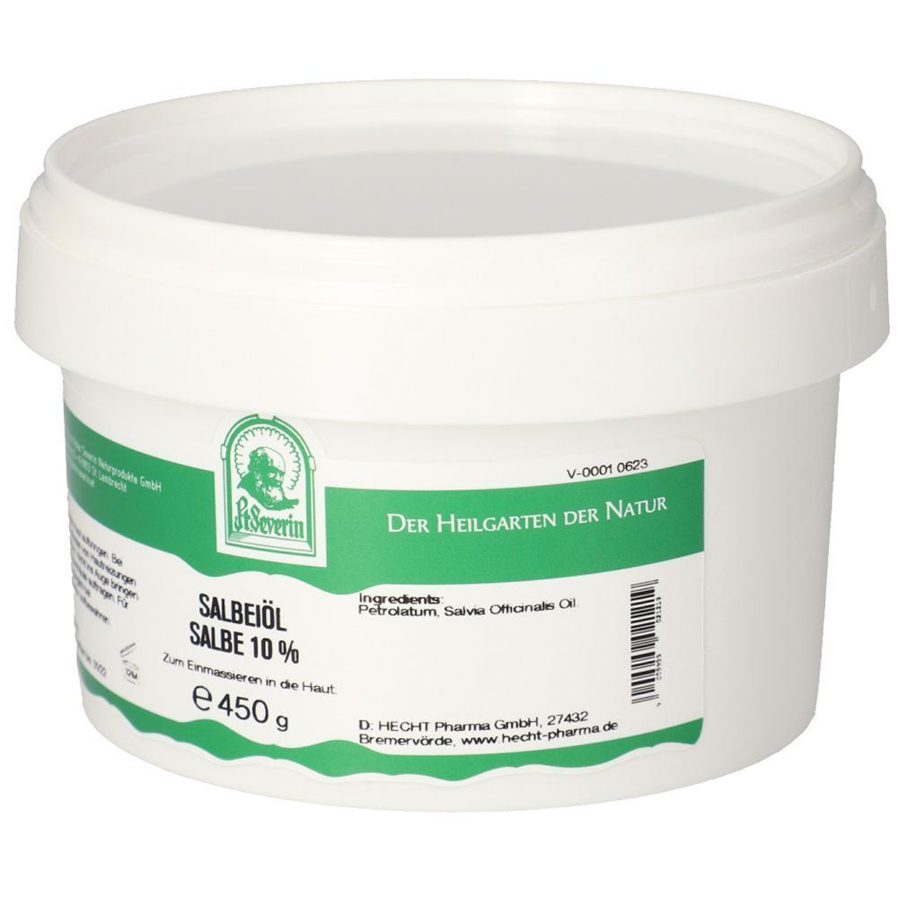 Weißer Tiegel mit Salbeiöl Salbe 10% Etikett, 450g. Zutaten: Petrolatum, Salvia Officinalis Öl.