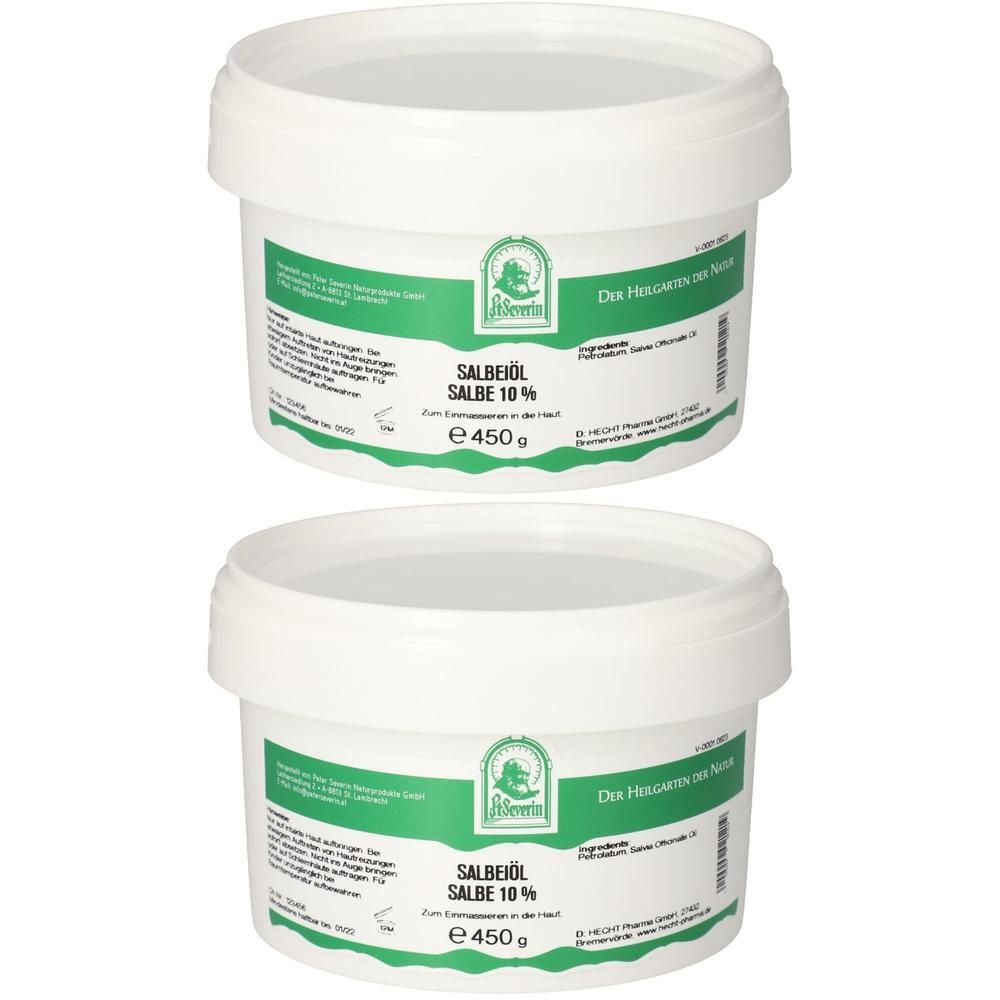 Zwei weiße Tiegel mit Salbeöl Salbe 10% von St. Severin, jeweils 450g.