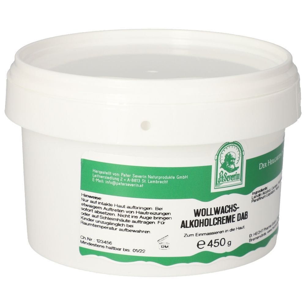 Weißer Tiegel mit grünem Etikett, Wollwachs-Alkoholcreme DAB, 450g.