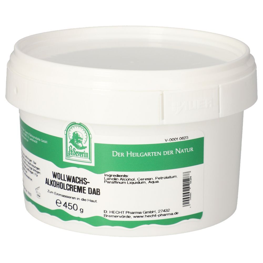 Weißer Tiegel mit grünem Etikett, Wollwachs-Alkoholcreme DAB, 450g.