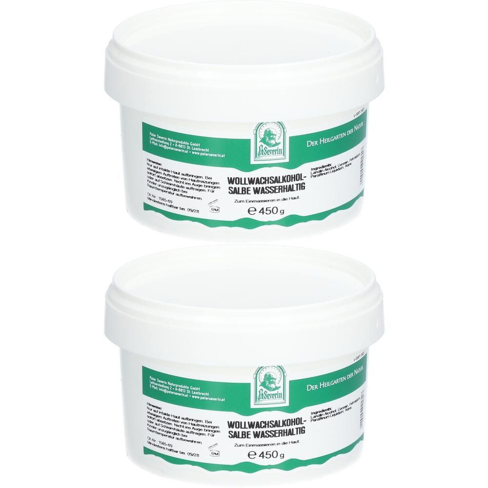 Zwei weiße Tiegel mit Salbe, jeweils 450g. Grüne Etiketten mit Produktinformationen.
