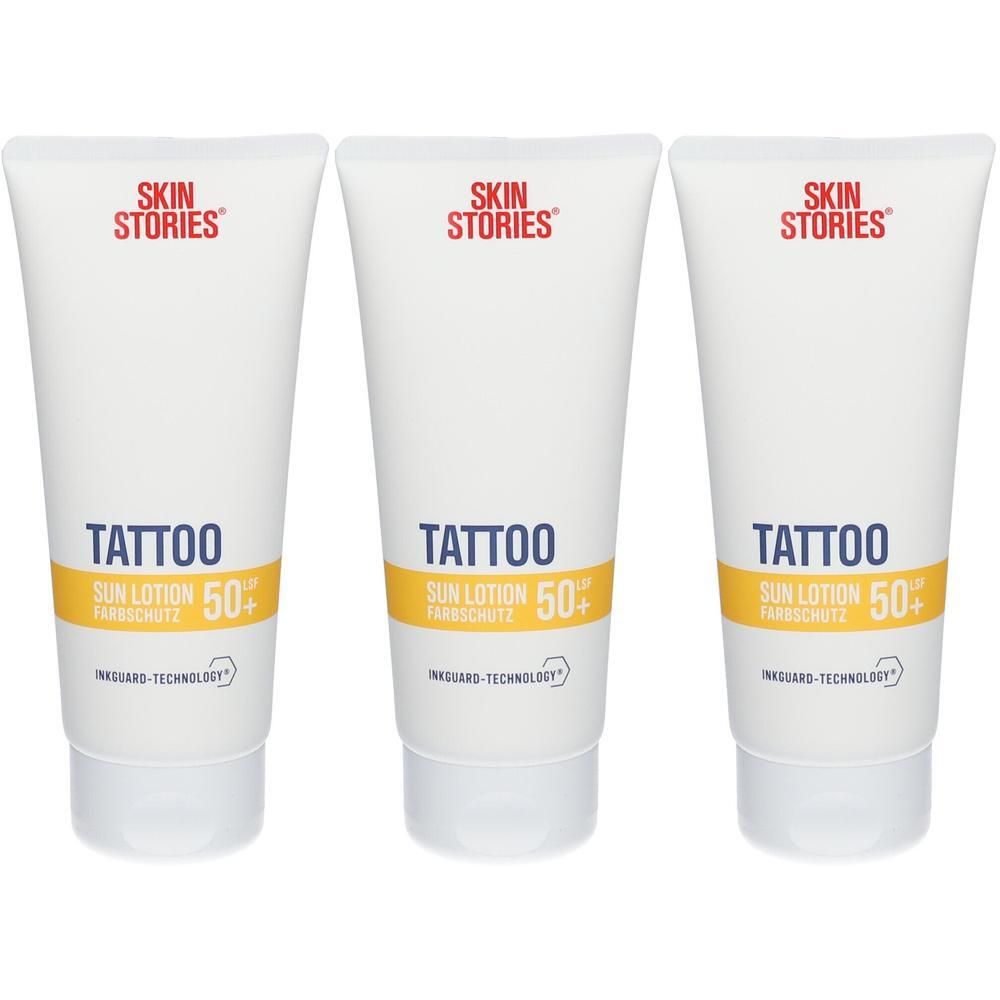 Drei Tuben SKIN STORIES TATTOO SONNENLOTION LSF 50+ mit Farbschutz und INKGUARD-TECHNOLOGY.