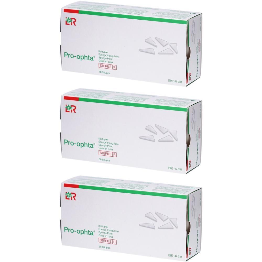 Drei Packungen Pro-ophta® Keiltupfer, steril. Weiße Kartons mit grünen Akzenten und Produktabbildungen.