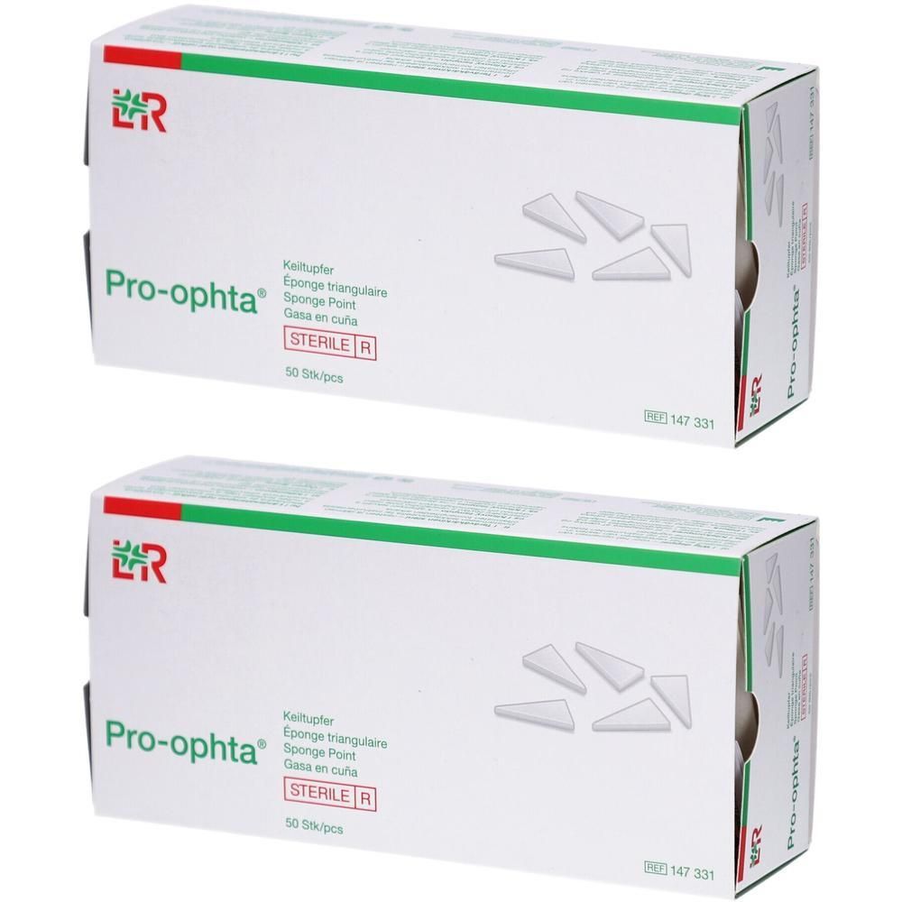 Zwei Packungen sterile Keiltupfer, dreieckig, 10 Streifen pro Packung.
