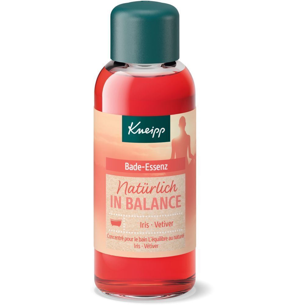 Eine Flasche Kneipp Bade-Essenz Natürlich in Balance mit Etikett.