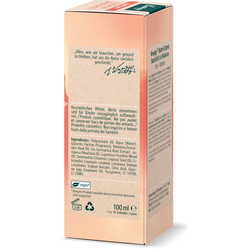 Eine Schachtel Kneipp Bade-Essenz Natürlich in Balance, Inhaltsstoffe.