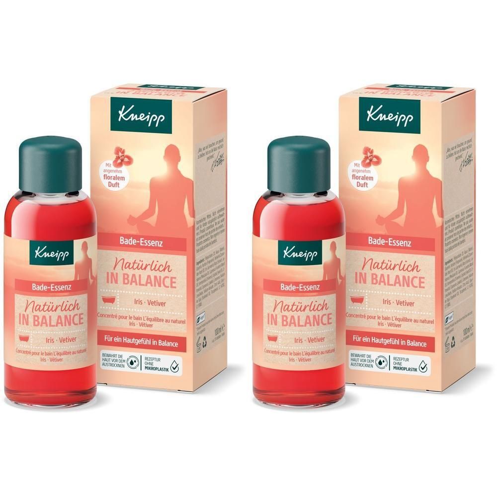 Zwei Flaschen Kneipp Bade-Essenz Natürlich in Balance mit Schachteln.