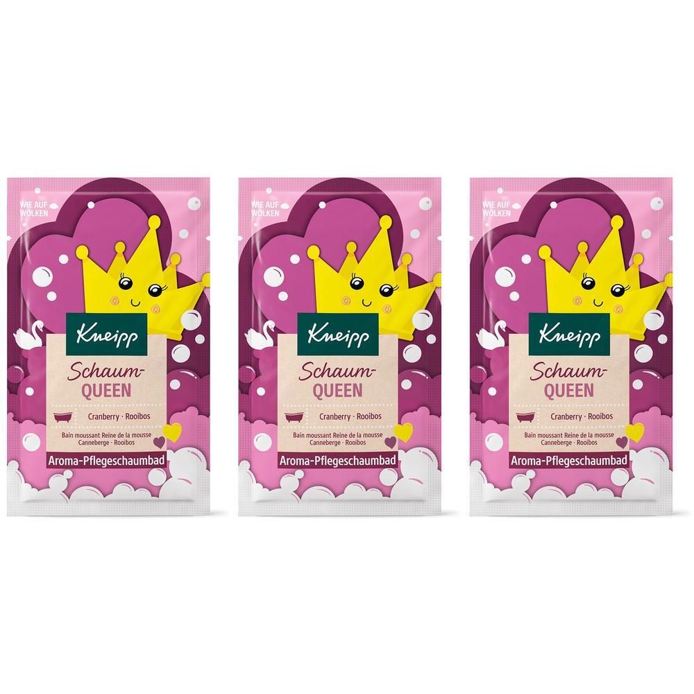 Drei Packungen Kneipp Aroma-Pflegeschaumbad Schaum-Queen mit Kranich und Krone-Motiv.