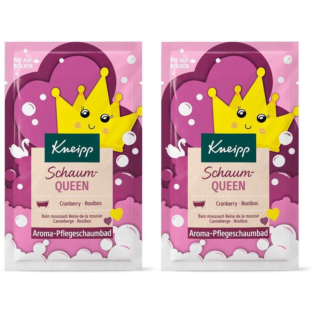Zwei Päckchen Kneipp Aroma-Pflegeschaumbad Schaum-Queen mit Cranberry und Rooibos. Vorderseite mit Krone und Schwänen.