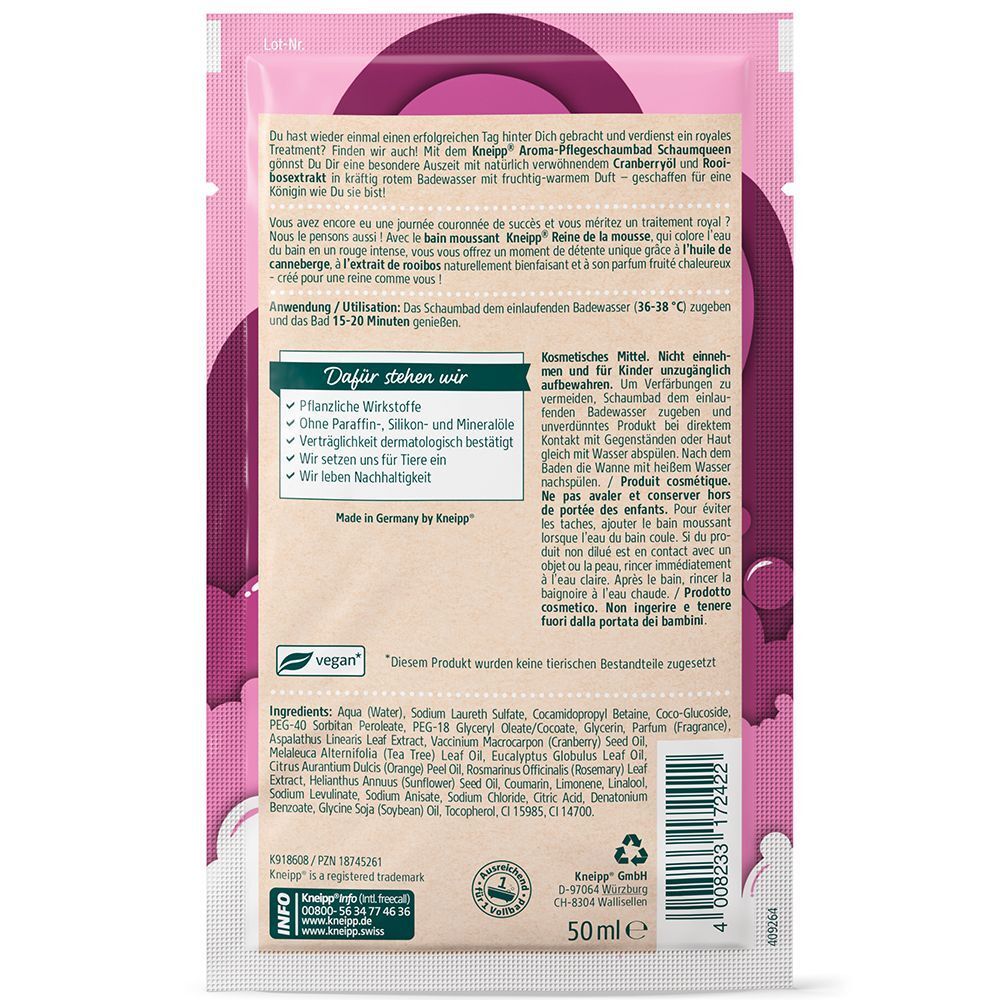 Rückseite eines Päckchens Kneipp Aroma-Pflegeschaumbad Schaum-Queen. Enthält Inhaltsstoffe, Anwendungshinweise und Siegel.