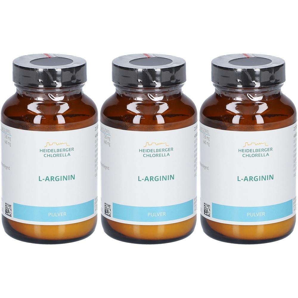 Drei Flaschen L-Arginin Pulver von Heidelberger Chlorella.