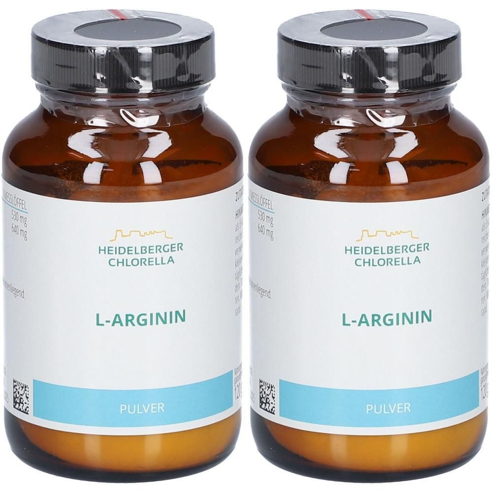 Zwei Braunglasflaschen mit L-Arginin Pulver von Heidelberger Chlorella.