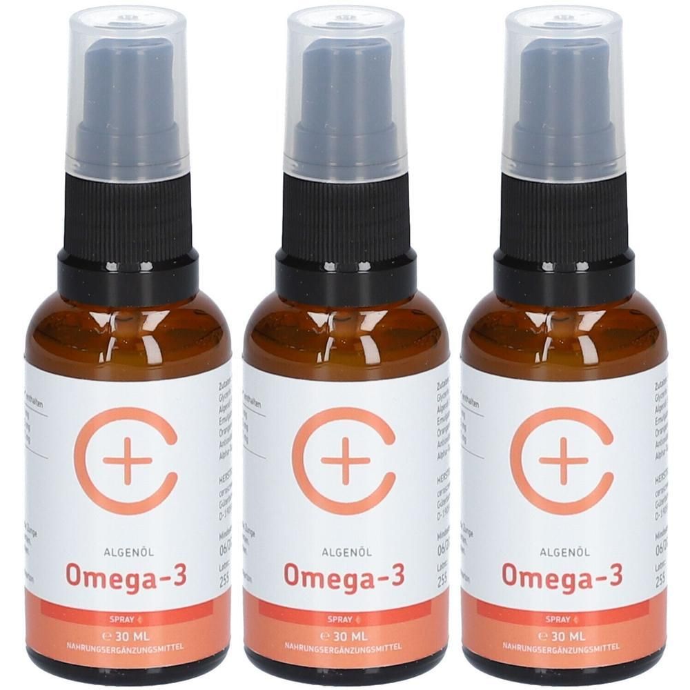 Drei braune Sprühflaschen mit Omega-3 Algenöl, jeweils 30 ml.