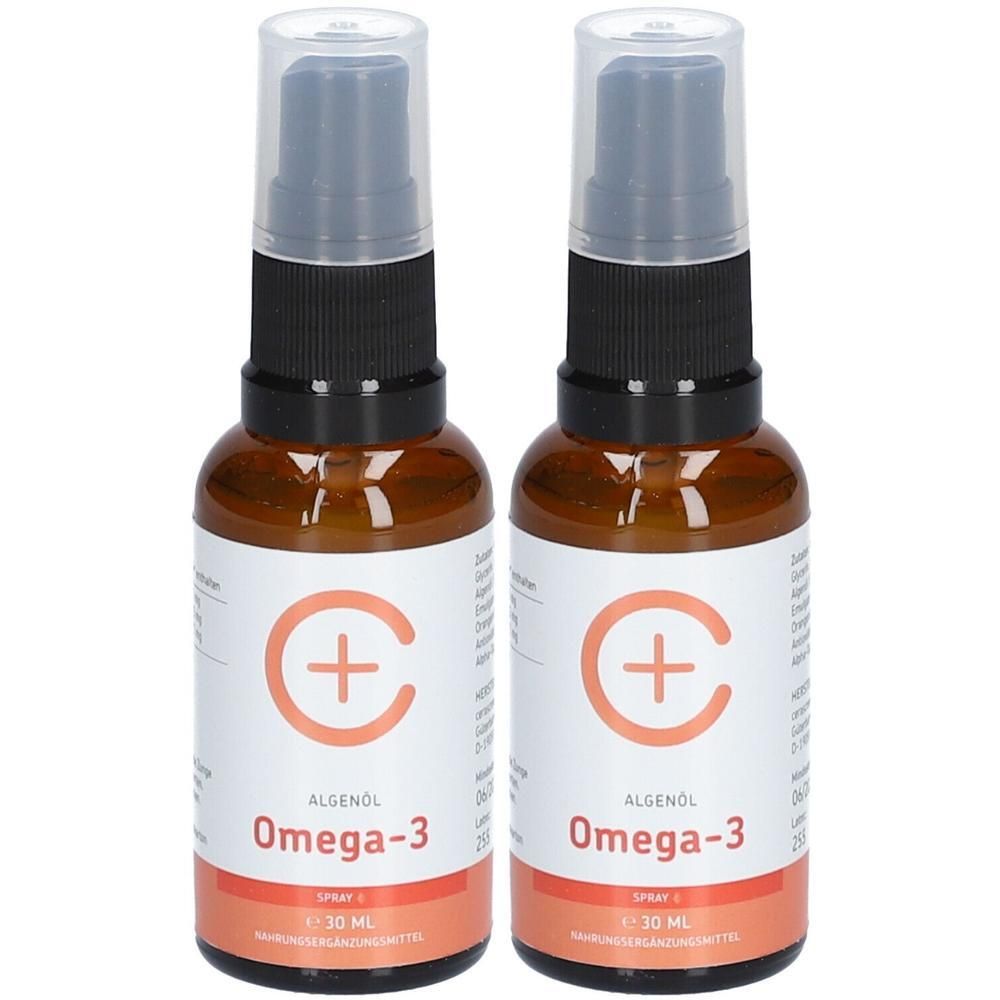 Zwei braune Sprühflaschen mit Omega-3 Algenöl. Jede Flasche enthält 30 ml.