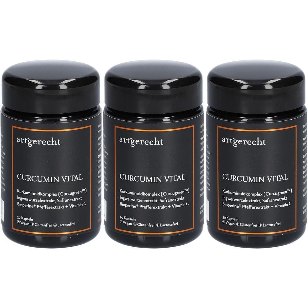 Drei schwarze Behälter mit 'artgerecht CURcumin VITAL' Aufschrift. Enthält Kurkuminoide, Ingwer, Safran und Vitamin C.