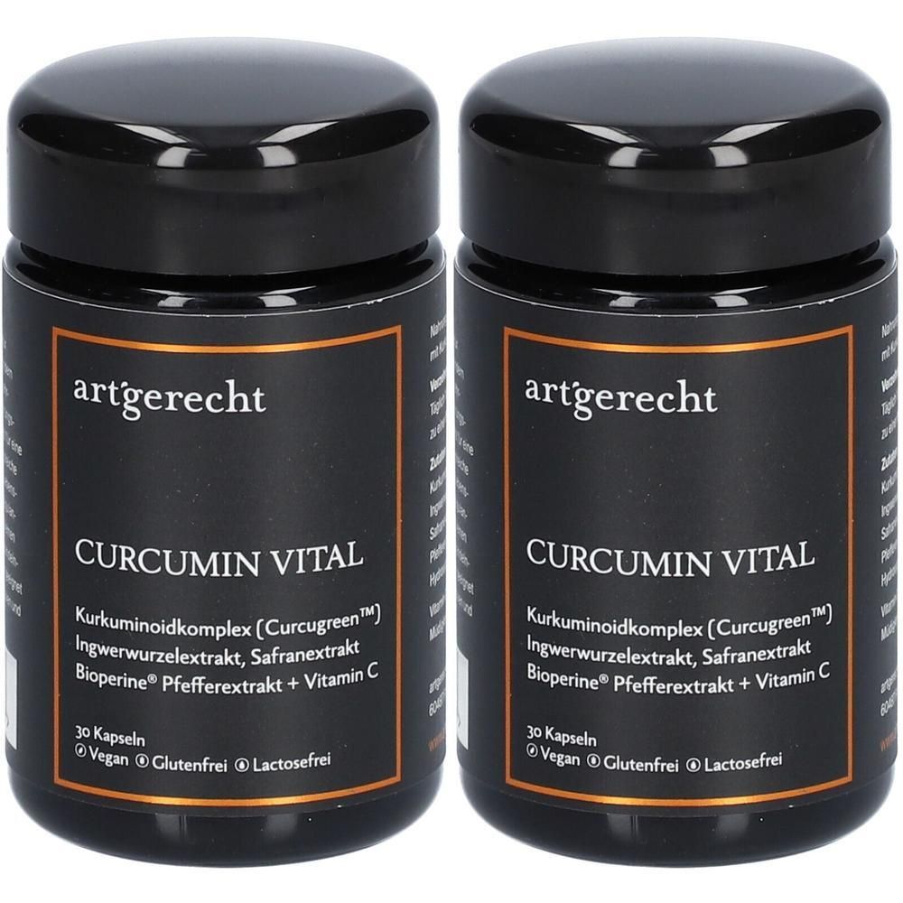 Zwei schwarze Behälter mit Curcumin Vital Kapseln. Beschriftung: artgerecht, Curcumin Vital, 30 Kapseln, Vegan, Glutenfrei, Lactosefrei.