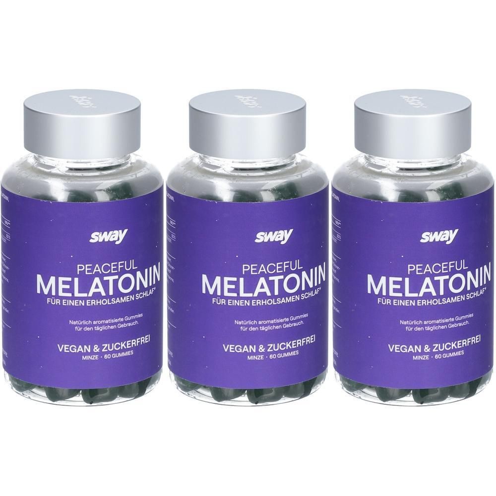 Drei Flaschen Sway Peaceful Melatonin Gummis, Minze, vegan & zuckerfrei.