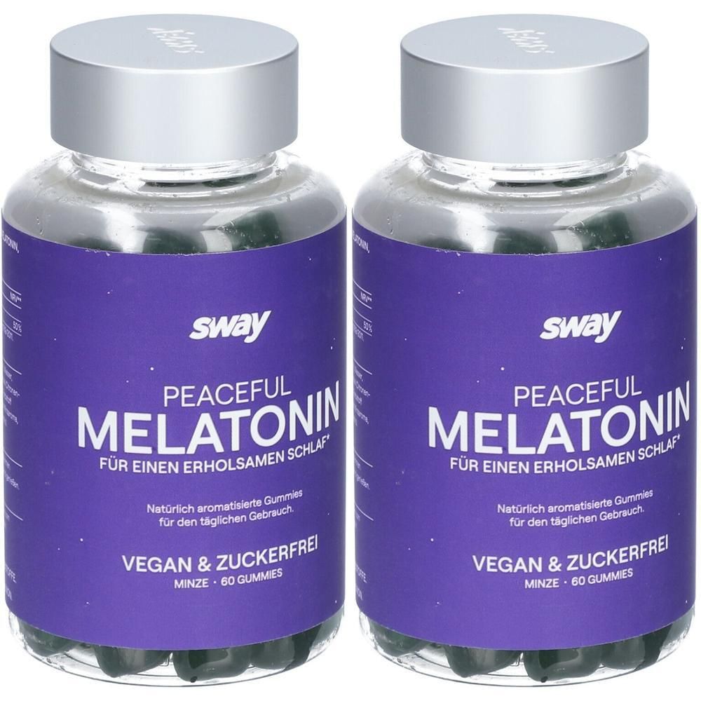 Zwei Flaschen Sway Peaceful Melatonin Gummis. Lila Etikett mit weißer Schrift, silberner Deckel. Minze, 60 Gummis pro Flasche.