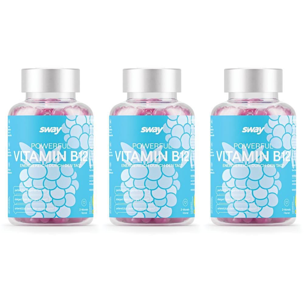 Drei Flaschen Sway Vitamin B12 Gummis mit blauem Etikett und silbernem Deckel.