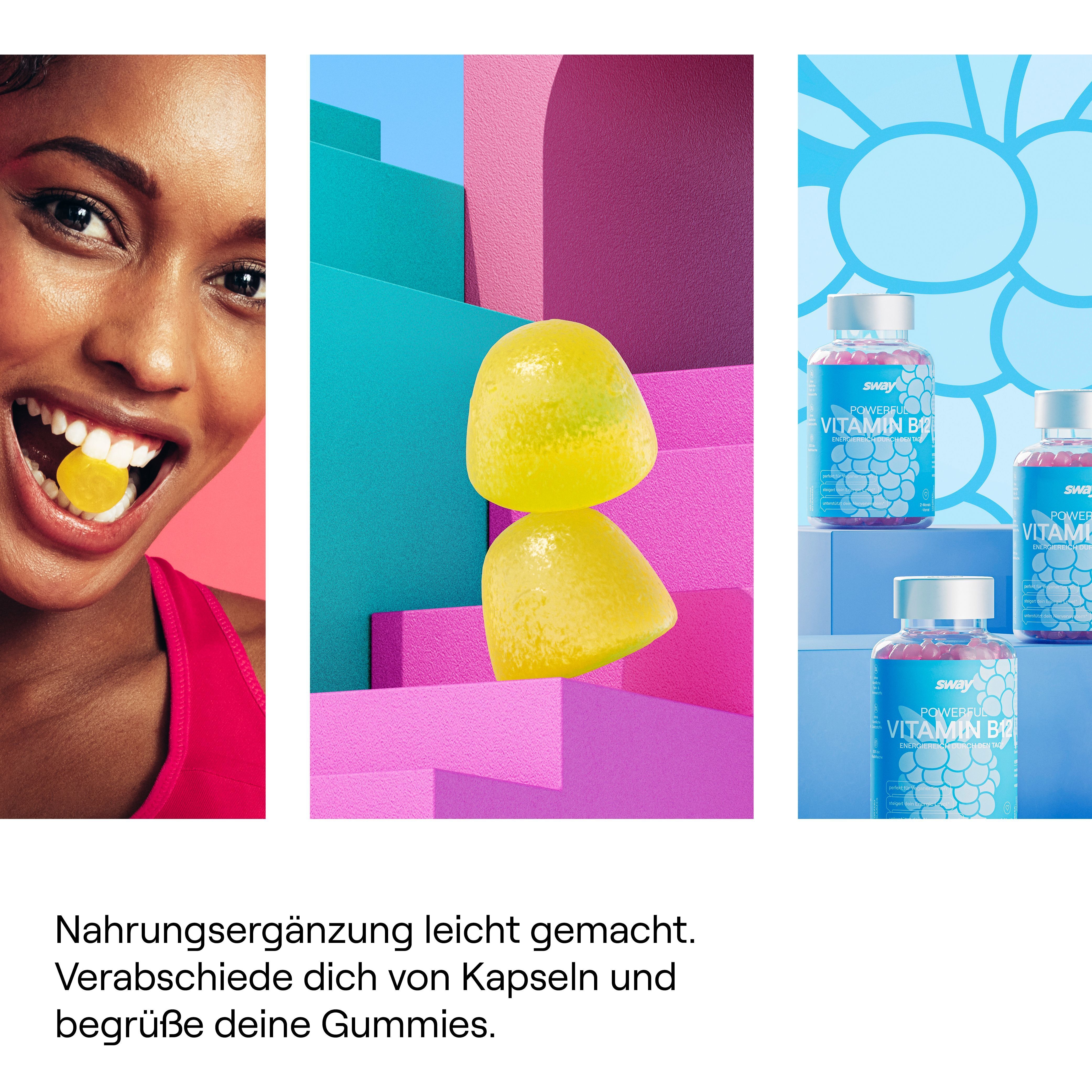 Collage: Frau isst Gummibärchen, zwei gelbe Gummibärchen auf pinker und türkiser Fläche, drei Flaschen Sway Vitamin B12.