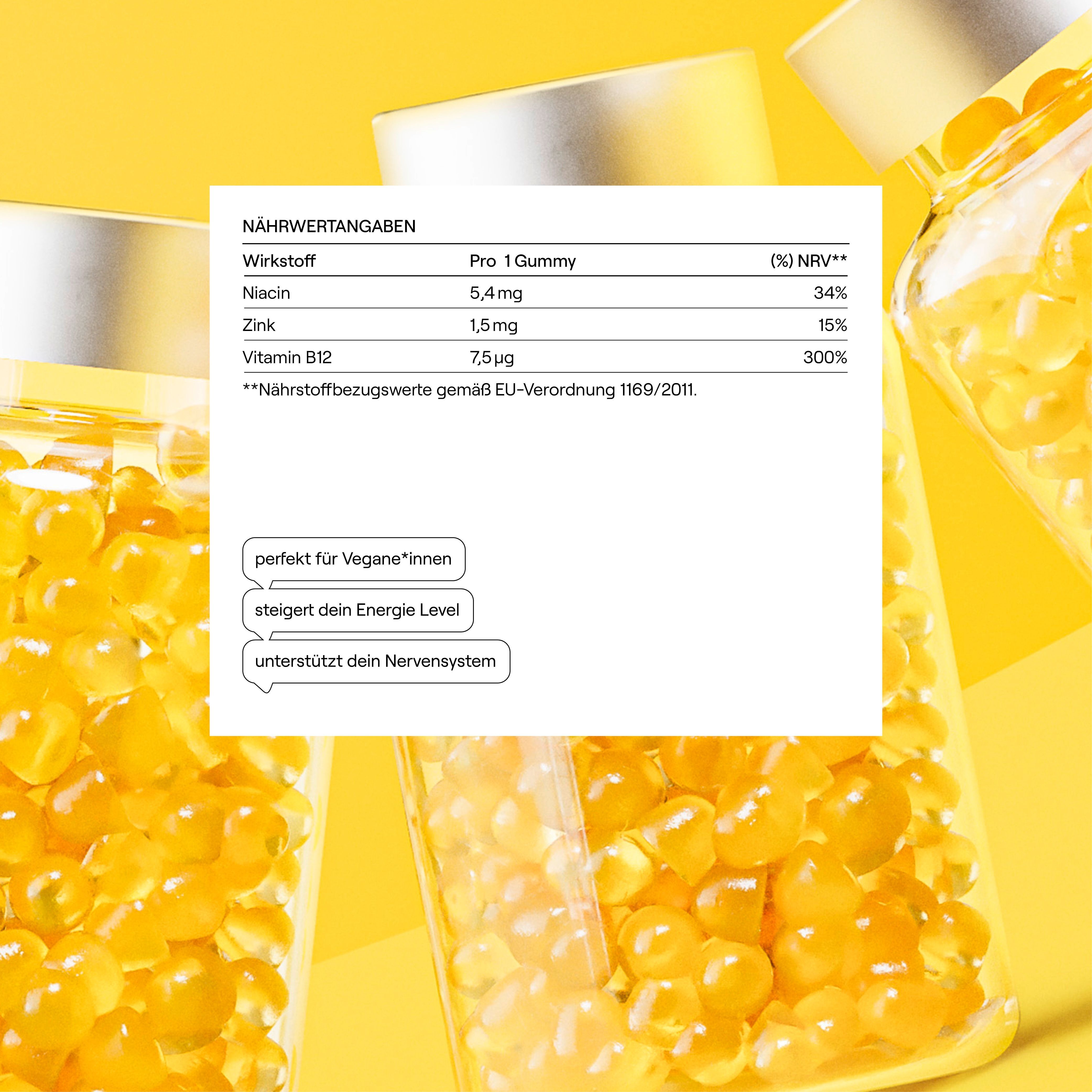 Nahaufnahme von gelben Sway Vitamin B12 Gummibärchen in einer Flasche, mit Nährwertangaben.