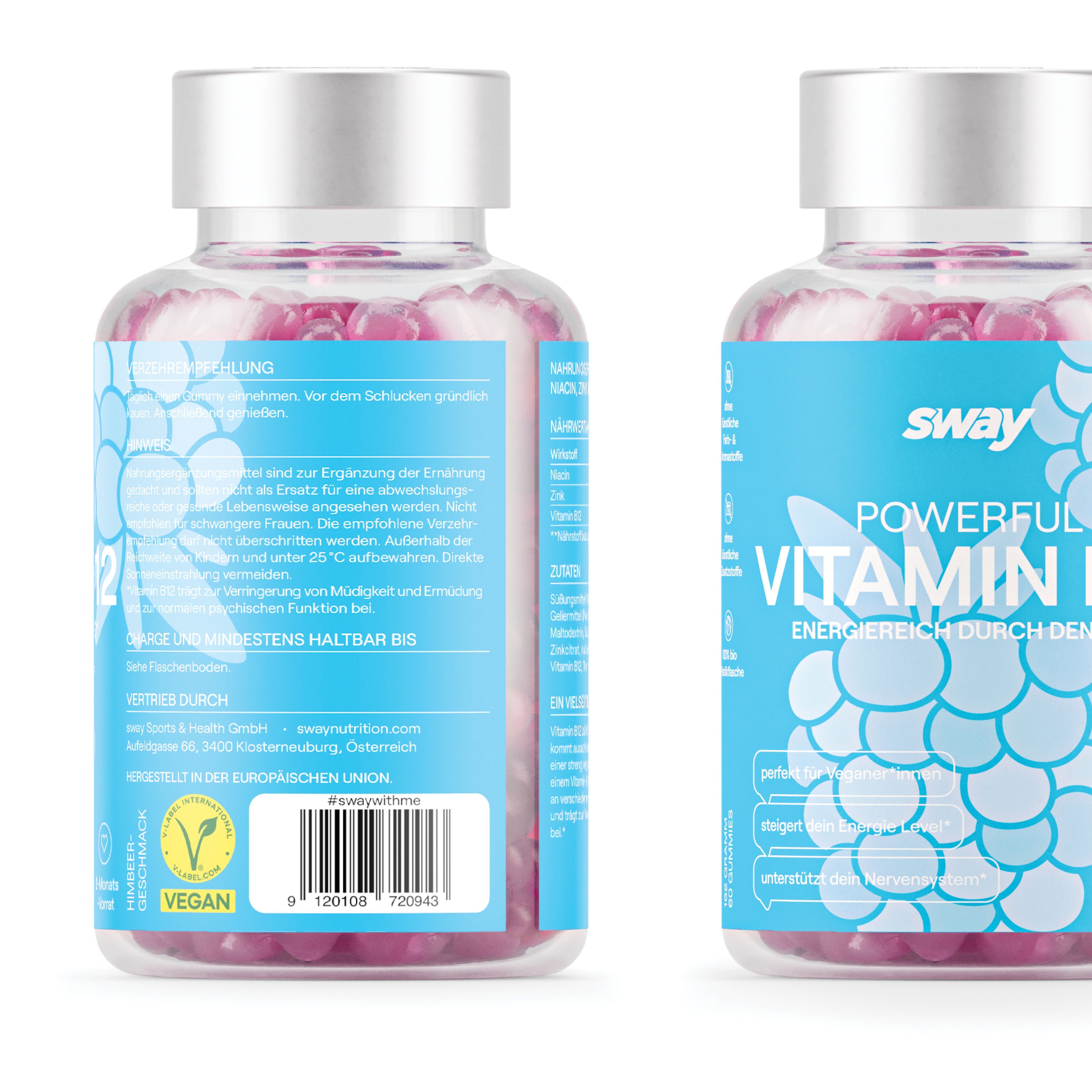 Vorder- und Rückseite einer Flasche Sway Vitamin B12 Gummis mit Etikett und Siegeln.