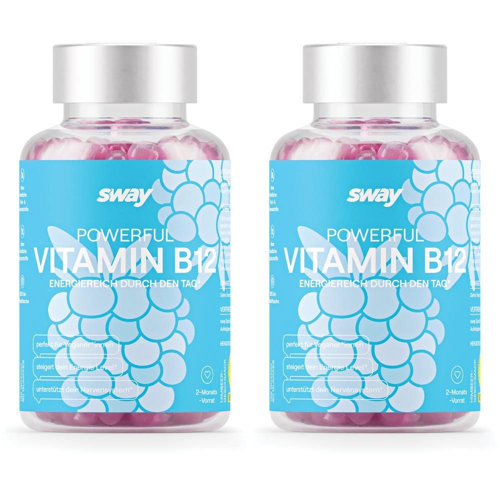 Zwei Flaschen sway Powerful Vitamin B12 mit rosa Gummis. Klare Behälter mit blauen Etiketten.