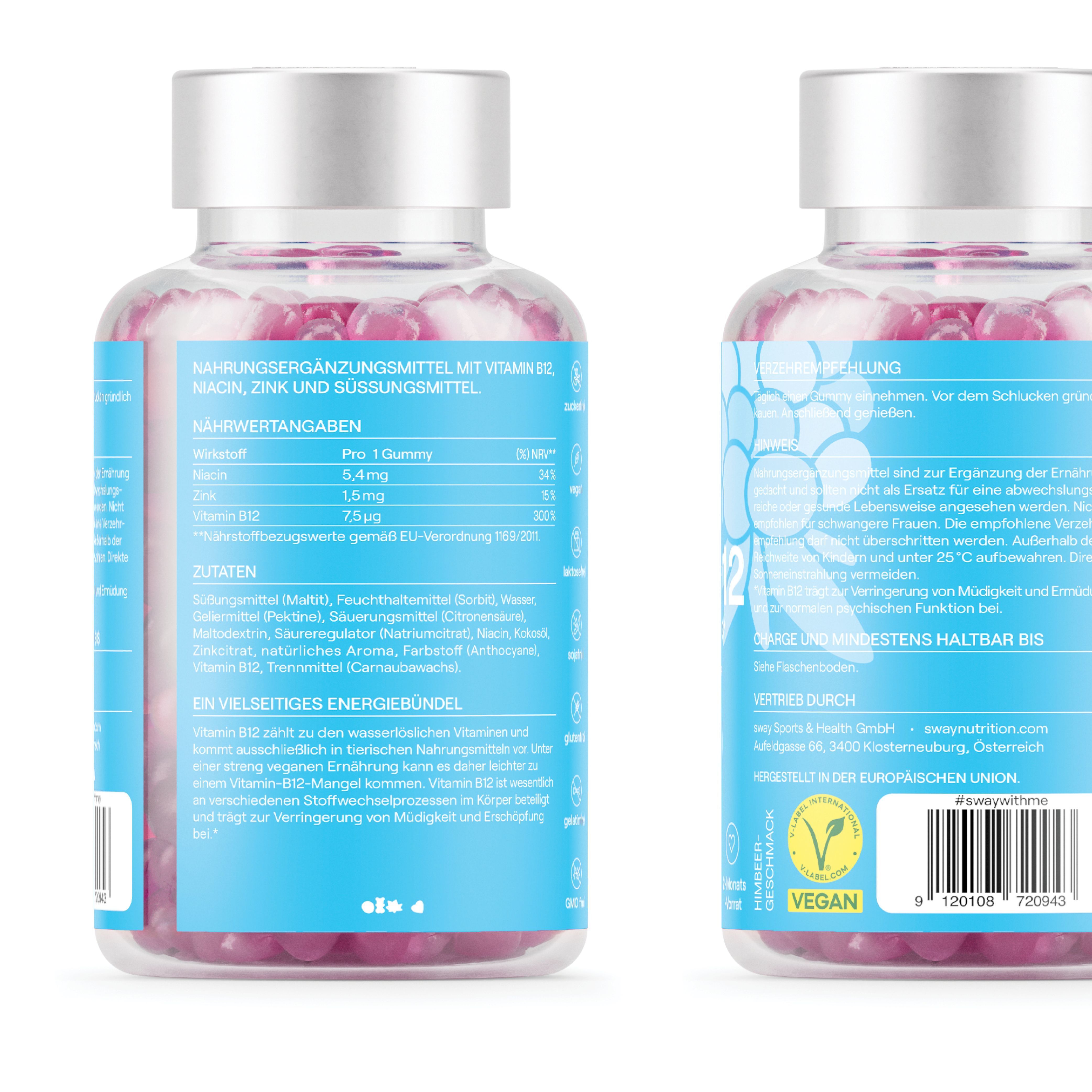 Rückseiten von zwei sway Powerful Vitamin B12 Flaschen mit Nährwertangaben und Zutatenliste. Vegan-Siegel sichtbar.