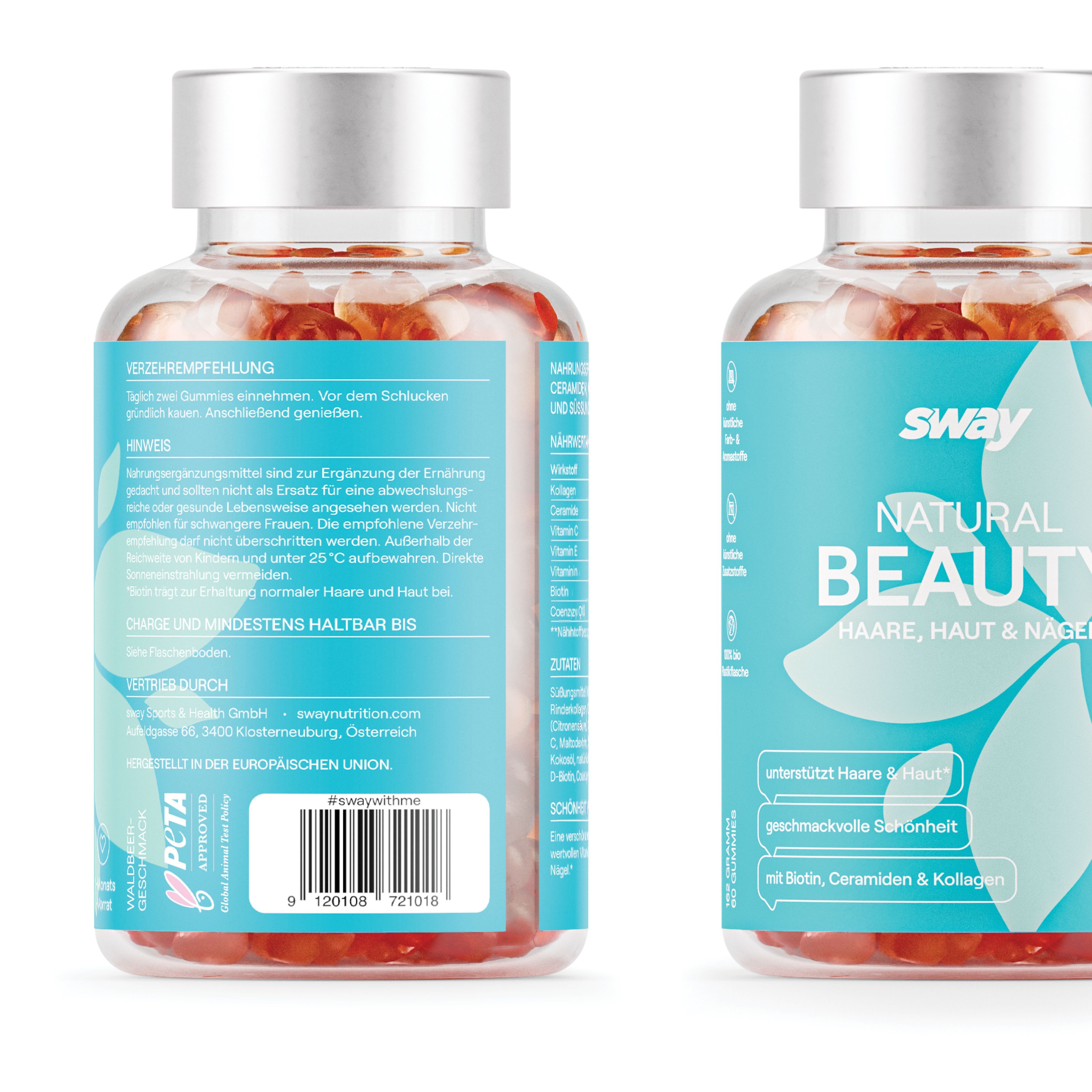 Vorderseite einer Flasche sway Natural Beauty mit Etikett, das Inhaltsstoffe und Vorteile hervorhebt.