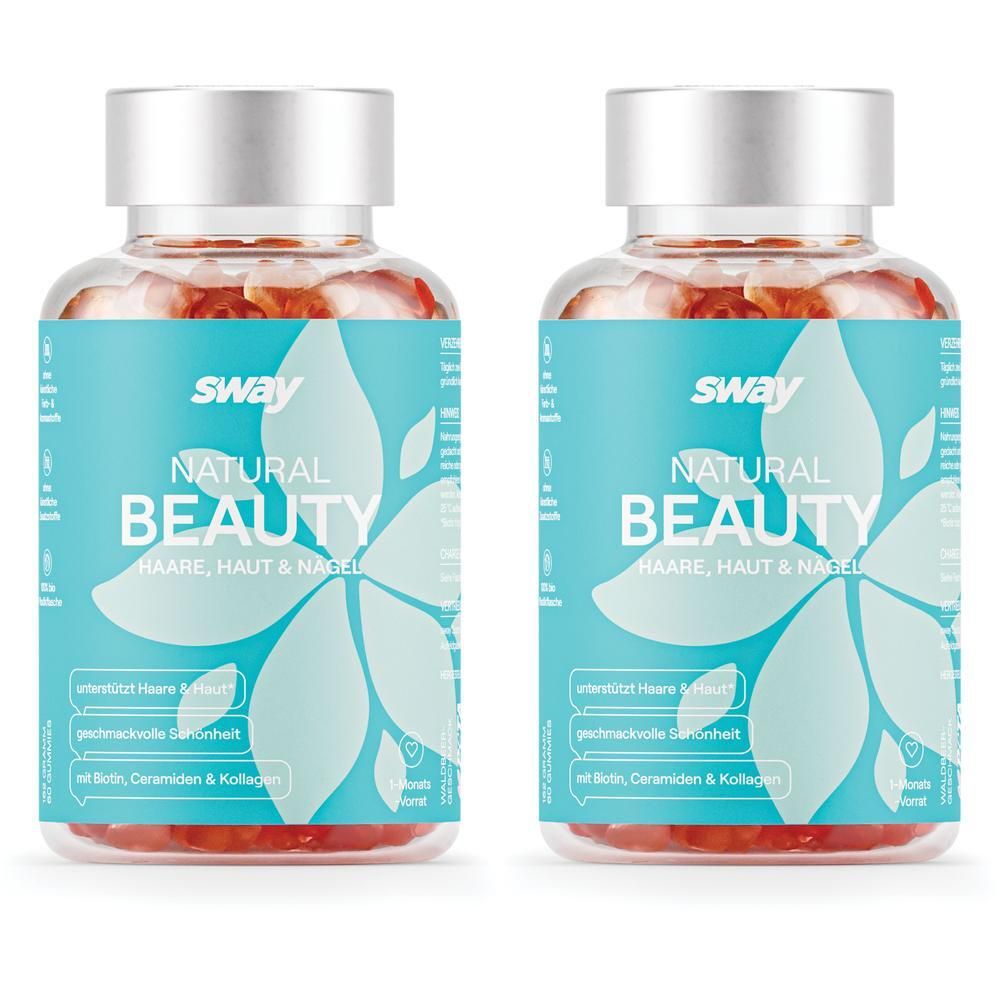 Zwei Flaschen sway Natural Beauty Gummis für Haare, Haut & Nägel. Enthält Biotin, Ceramid & Kollagen.