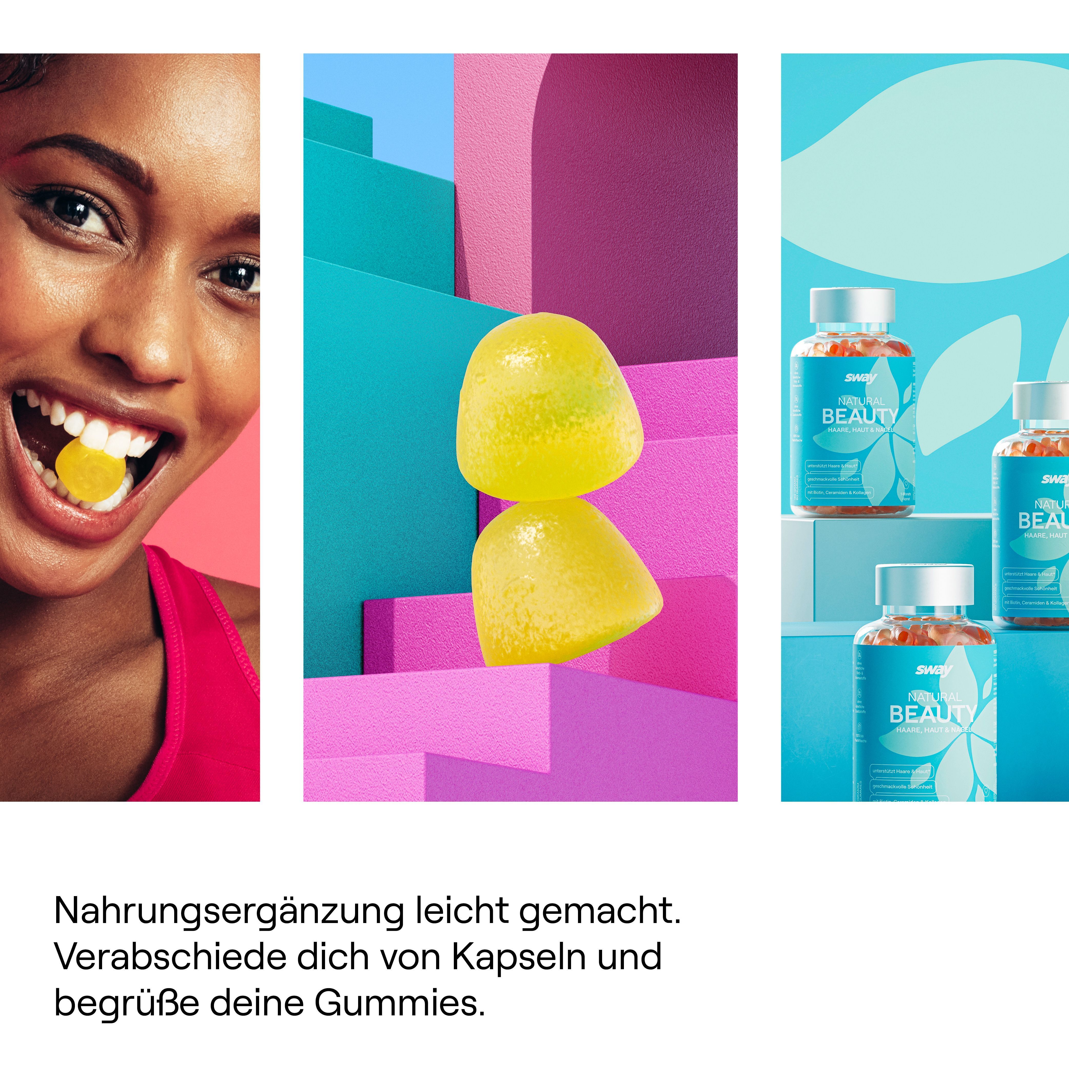 Collage aus einer Frau, die ein gelbes Gummi isst, zwei gelben Gummis und zwei Flaschen sway Natural Beauty.