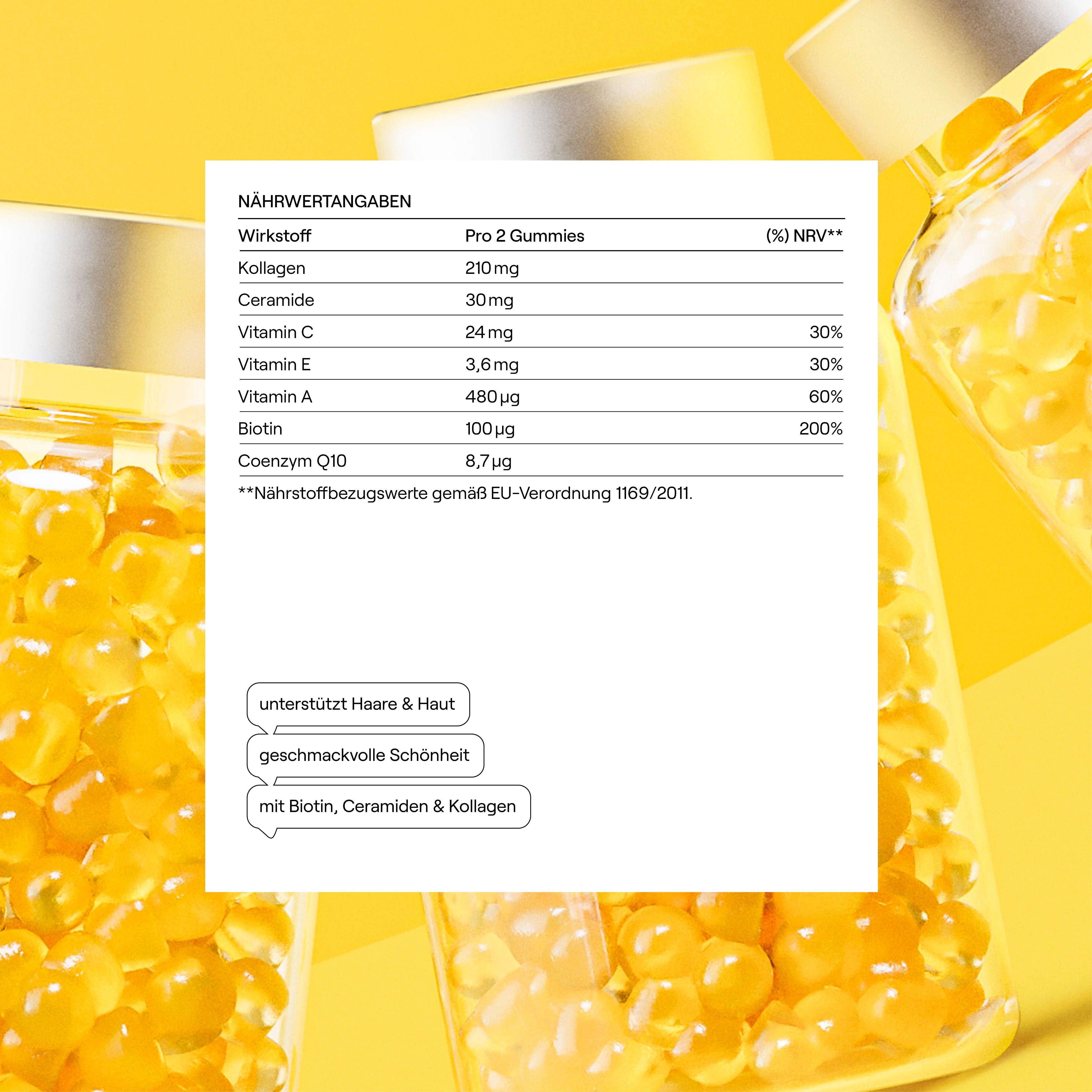 Nährwertangaben für sway Natural Beauty Gummis: 210mg Kollagen, 30mg Ceramid, 24mg Vitamin C, 3,6mg Vitamin E, 480µg Vitamin A, 100µg Biotin, 8,7µg Coenzym Q10.