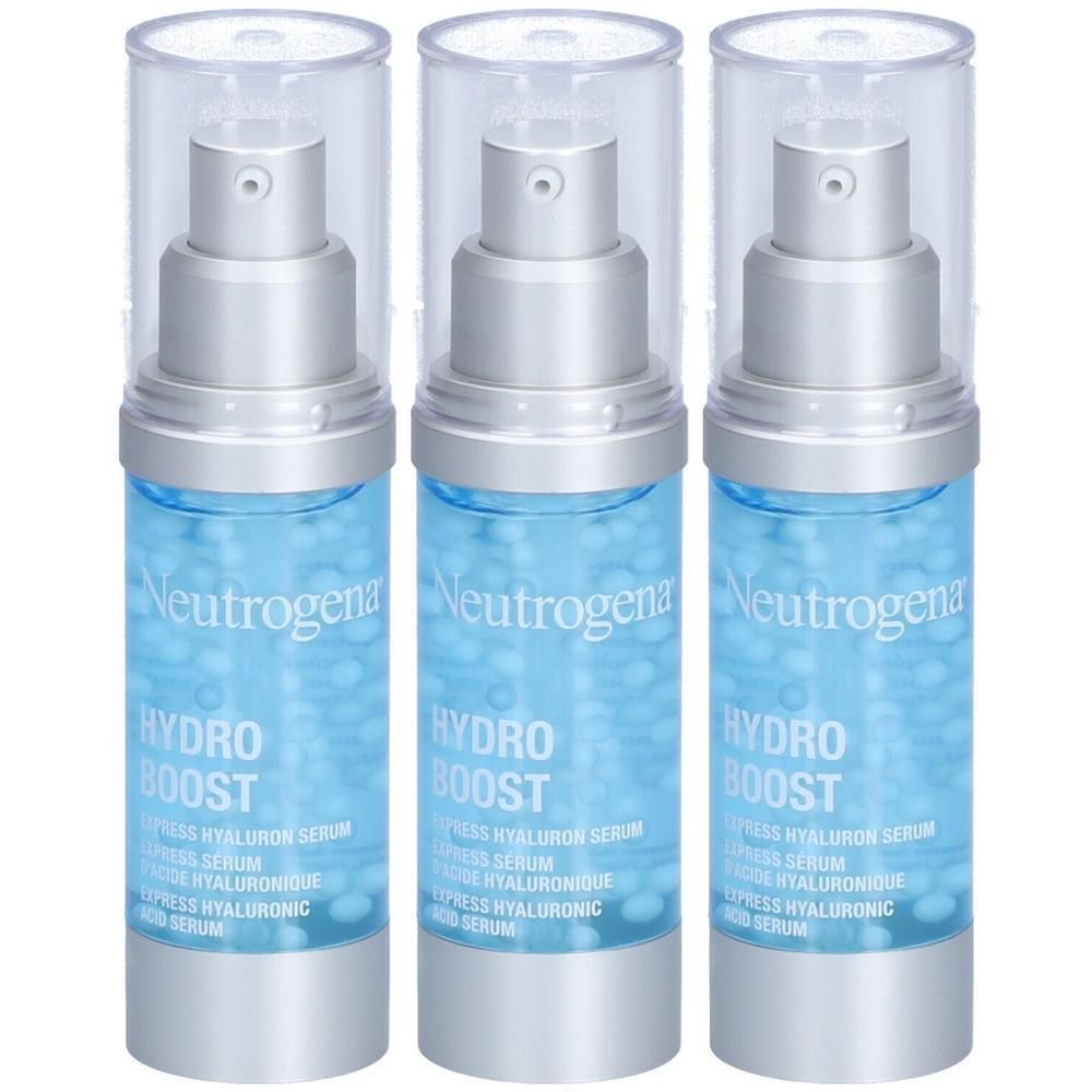 Drei Flaschen Neutrogena Hydro Boost Serum mit Pumpspendern und transparenten Kappen.