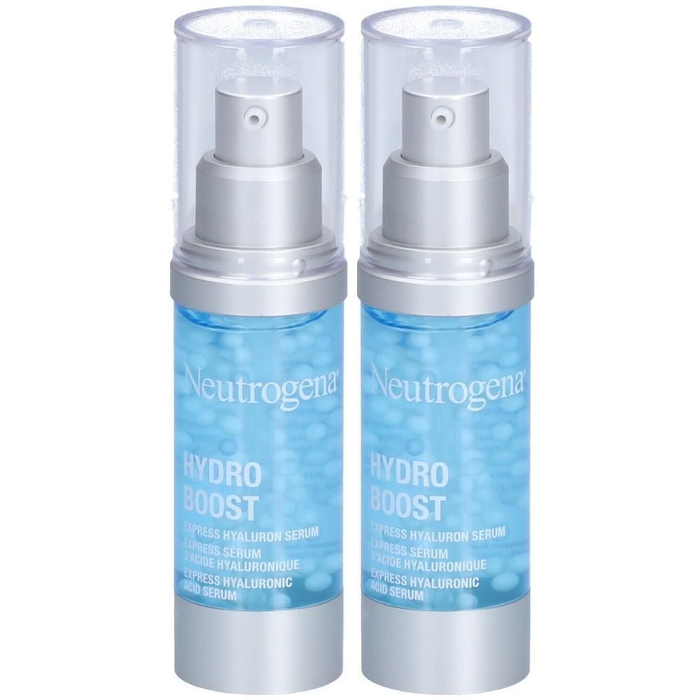 Zwei Flaschen Neutrogena Hydro Boost Serum mit Hyaluronsäure.