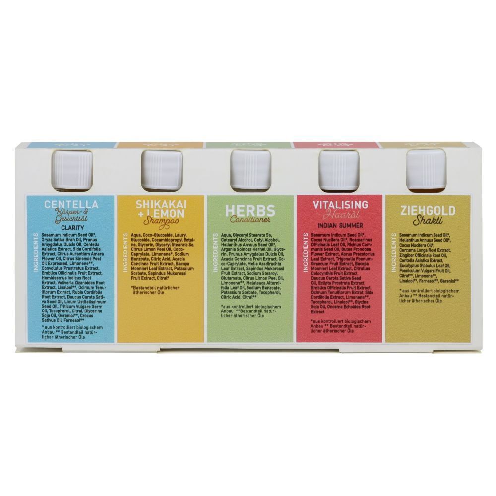 Rückseite einer HIMALAYA'S DREAMS Self Care Produktverpackung mit fünf Flaschen und detaillierten Inhaltsangaben.