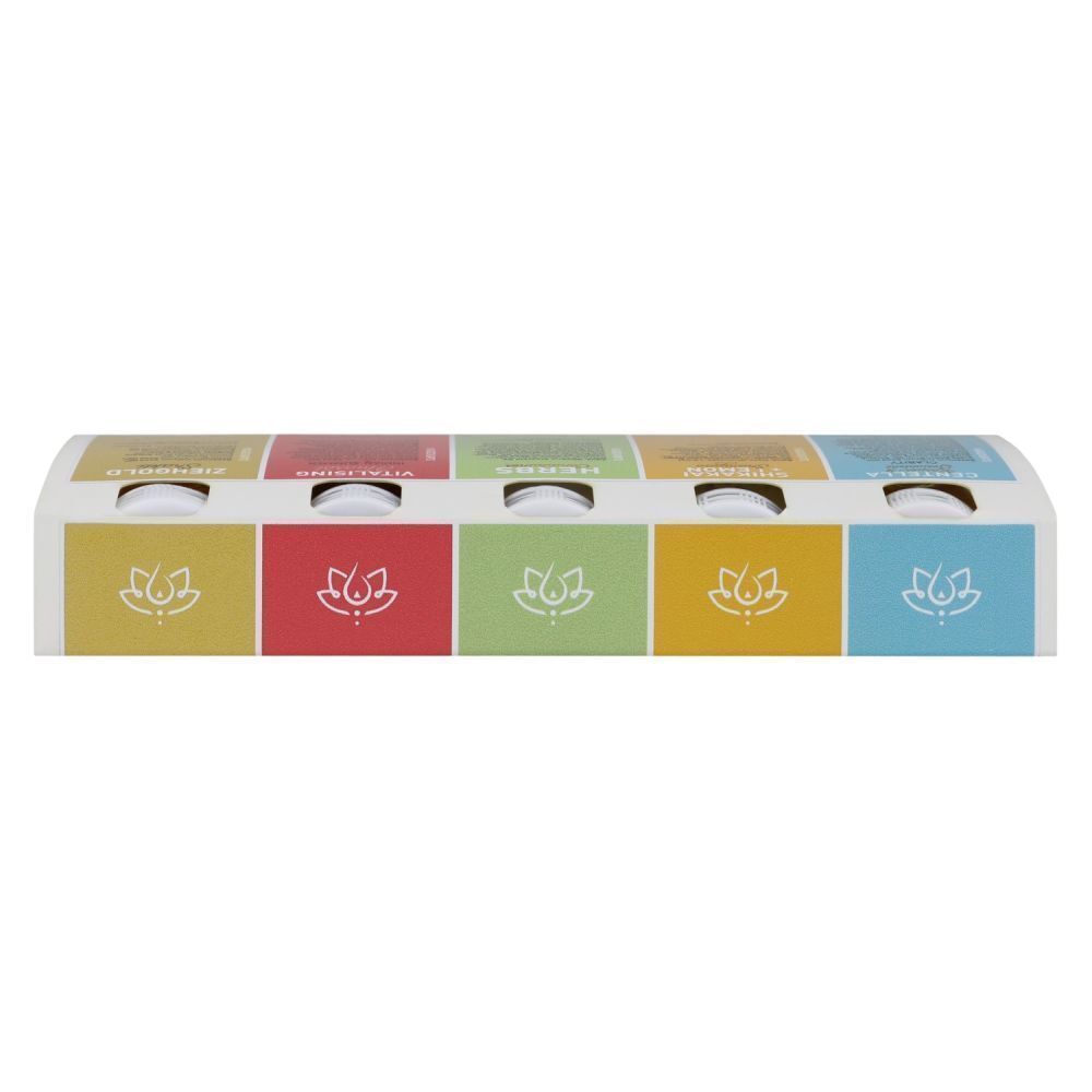 Vorderseite einer HIMALAYA'S DREAMS Self Care Produktverpackung mit fünf farbigen Feldern und Lotus-Symbolen.