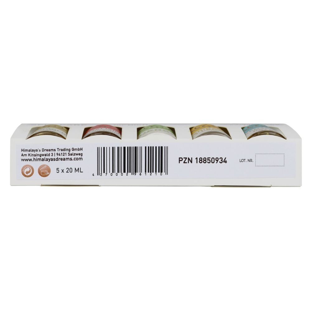 Unterseite einer Verpackung mit fünf kleinen Fläschchen, mit Produktinformationen und Barcode.