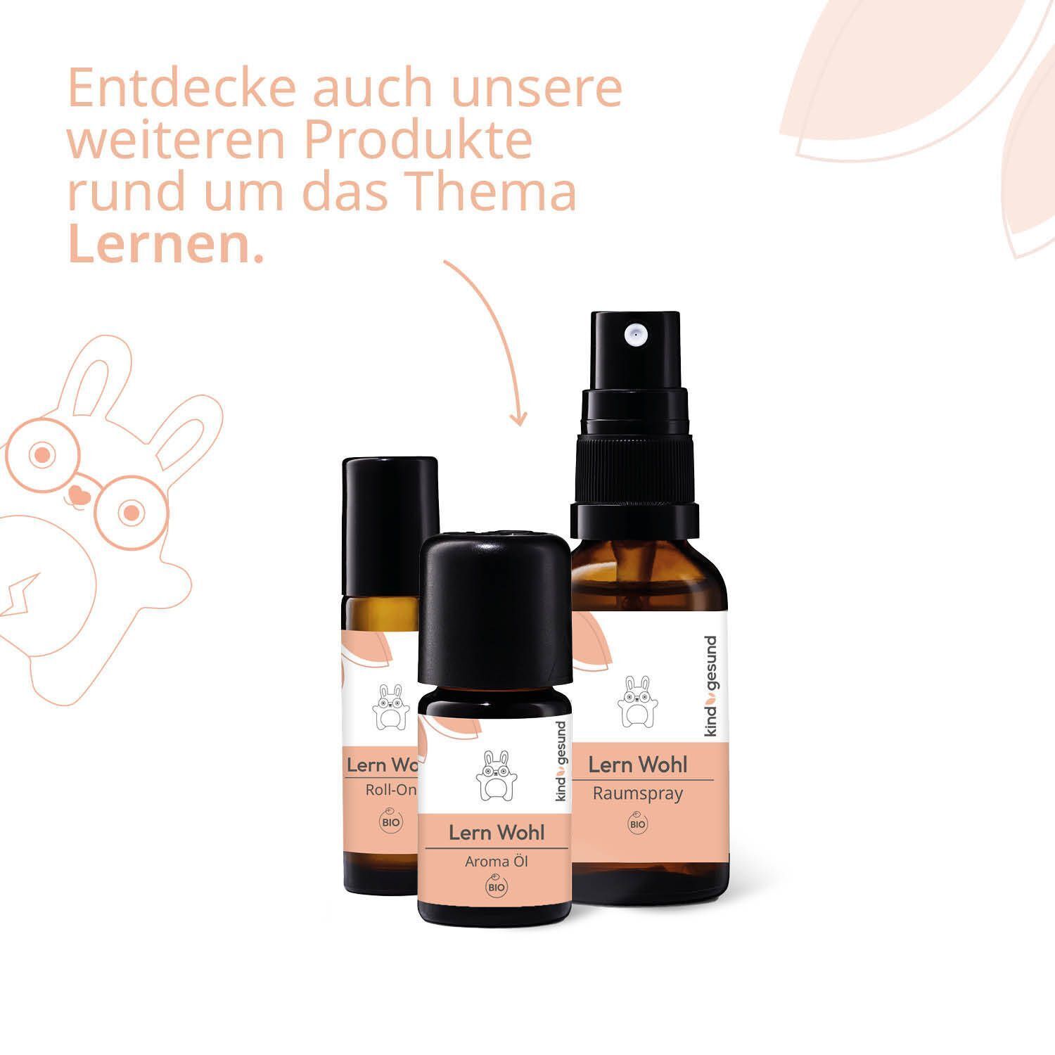 kindgesund® Lern Wohl Roll-On, Aroma Öl und Raumspray nebeneinander, mit Hinweis auf weitere Lern-Produkte.