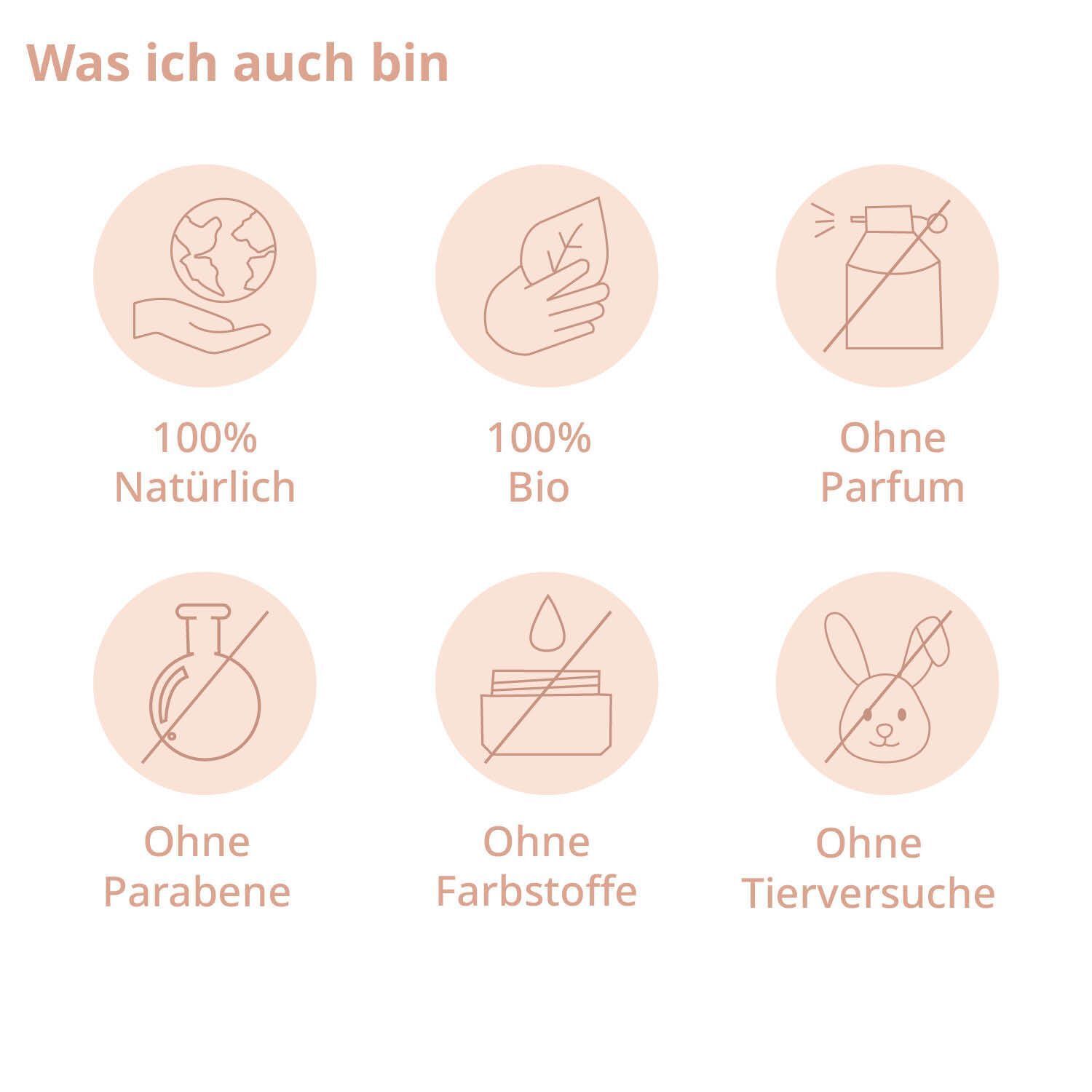 Symbole für 100% natürlich, 100% Bio, ohne Parfum, Parabene, Farbstoffe und Tierversuche.