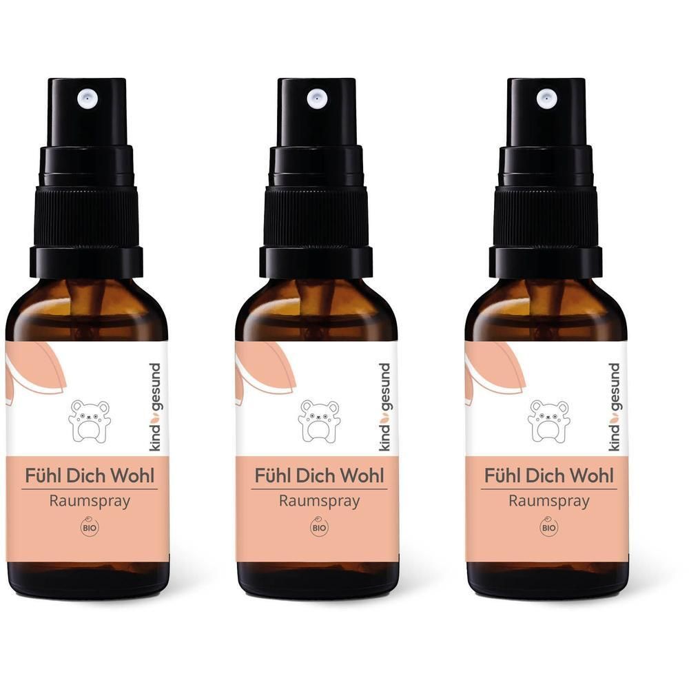 Drei Flaschen Bio-Fühl Dich Wohl Raumspray mit Zerstäuber.