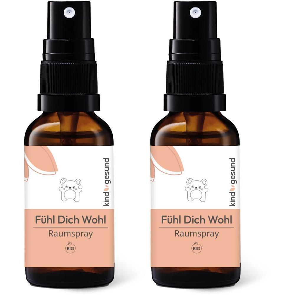 Zwei Flaschen Bio-Fühl Dich Wohl Raumspray mit kindgesund Logo und Bärenmotiv.