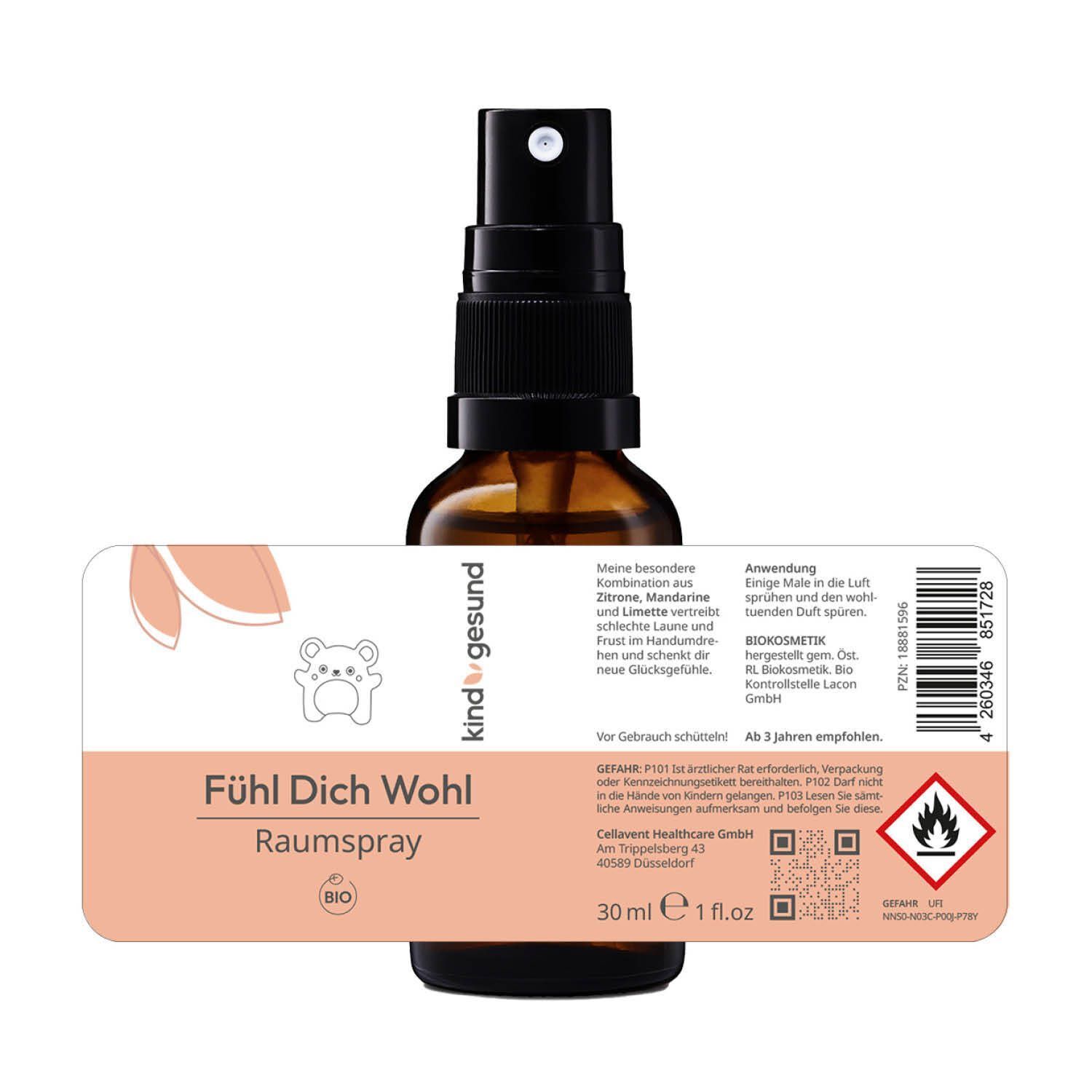 Flasche Bio-Fühl Dich Wohl Raumspray, 30 ml, mit Etikett und Anwendungshinweisen.