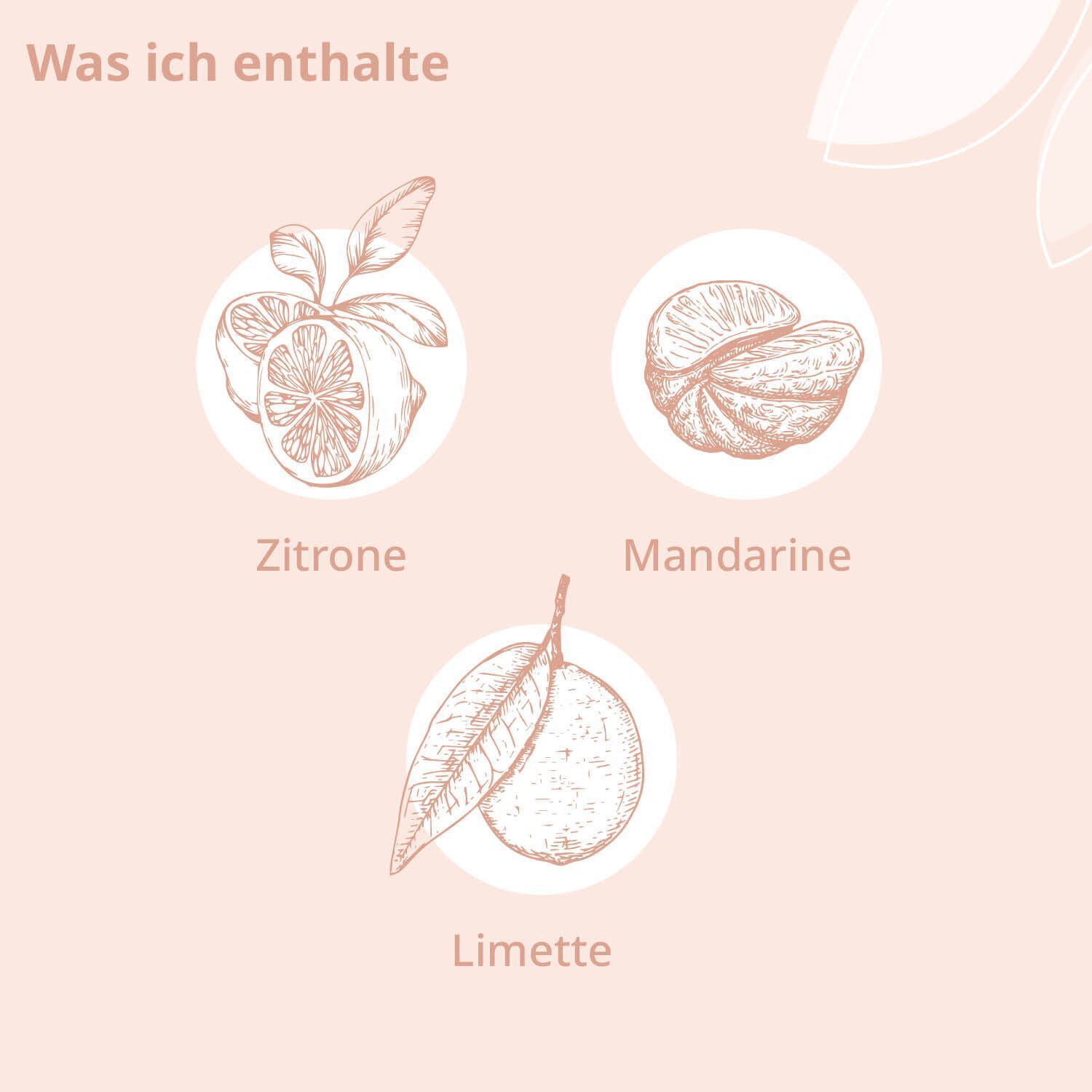 Illustrationen von Zitrone, Mandarine und Limette mit deutschen Bezeichnungen, Teil des Bio-Fühl Dich Wohl Aroma Öl Produkts.