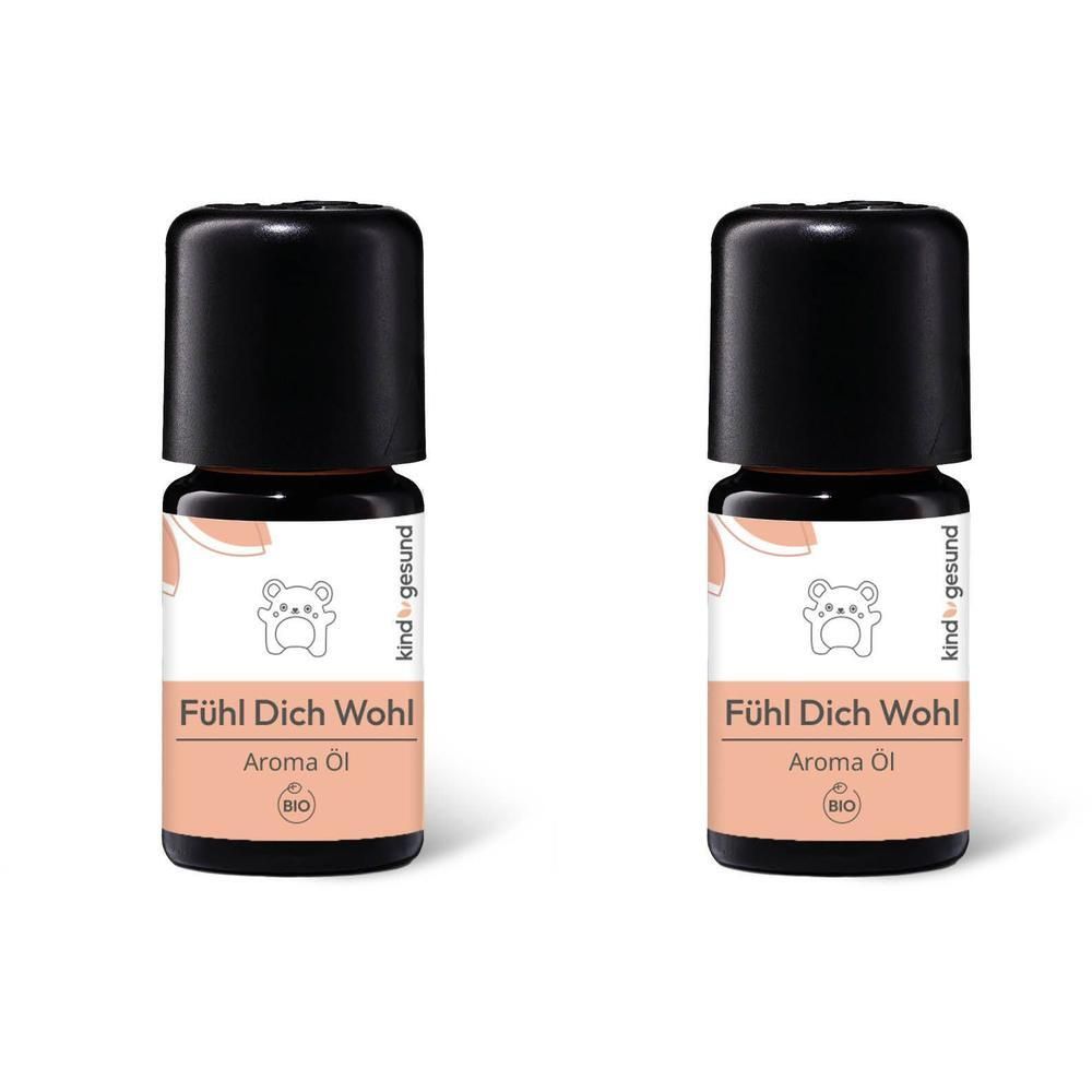 Zwei Fläschchen Bio-Fühl Dich Wohl Aroma Öl mit schwarzem Deckel und Etikett mit Bärenmotiv.